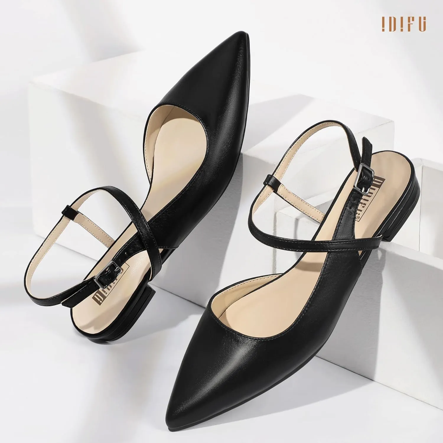IDIFU Women's Flats Pointed Toe Slingback Flat Shoes Closed Toe Dress Shoes for Women Bridal Ladies Dressy Comfortable Casual Formal Cute Flats Work Office Wedding Business Evening Flats