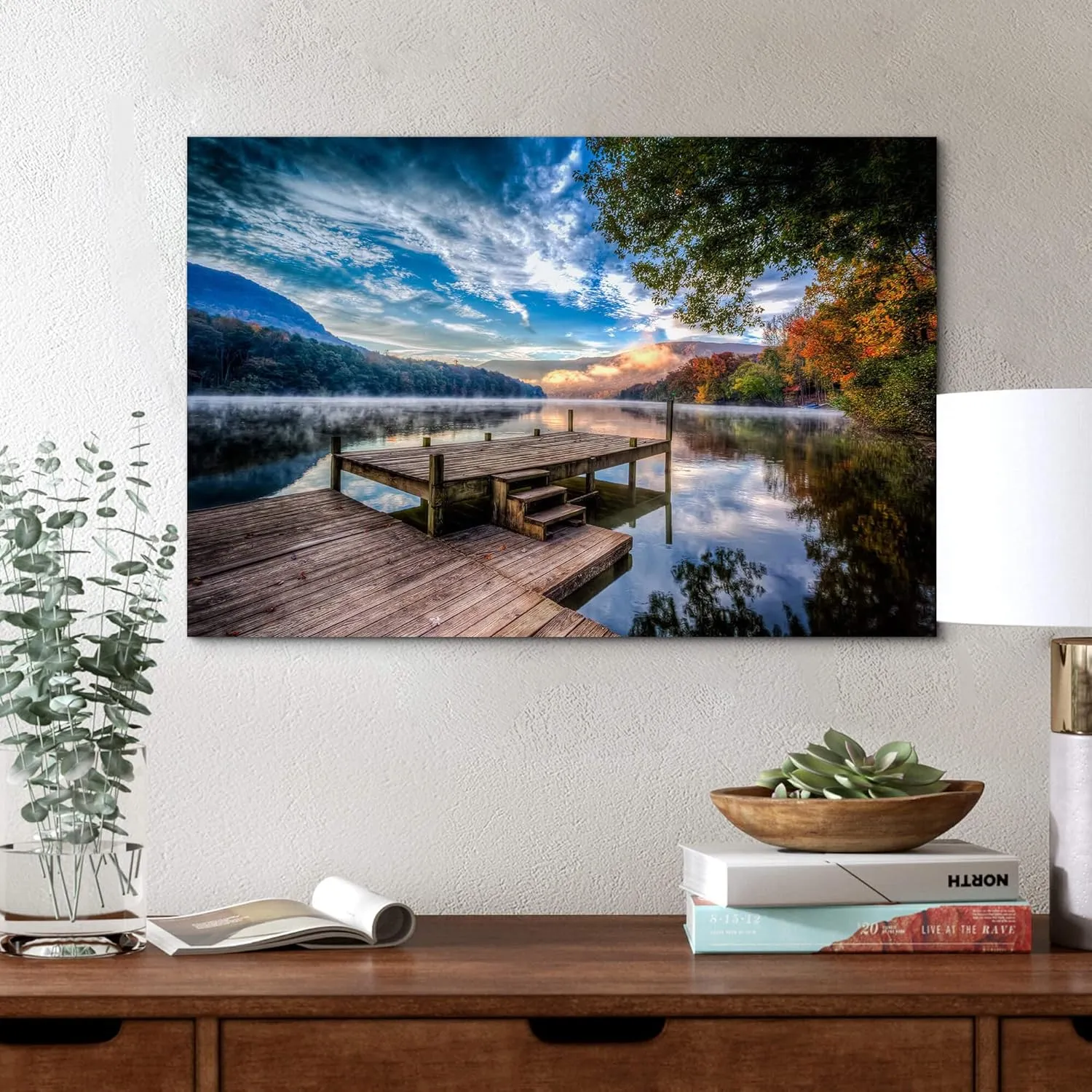 Inpraradiso Nature Wall Art Canvas Decor: Lake Scene Picture Landscape Scenic Print Artwork Pier Scenery Painting for Bedroom Bathroom