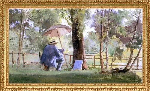 James Wells Champney An Artist Sketching - 15" x 30" Premium Canvas Print with Antique Gold Finish Frame