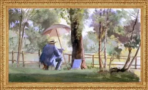 James Wells Champney An Artist Sketching - 15" x 30" Premium Canvas Print with Antique Gold Finish Frame