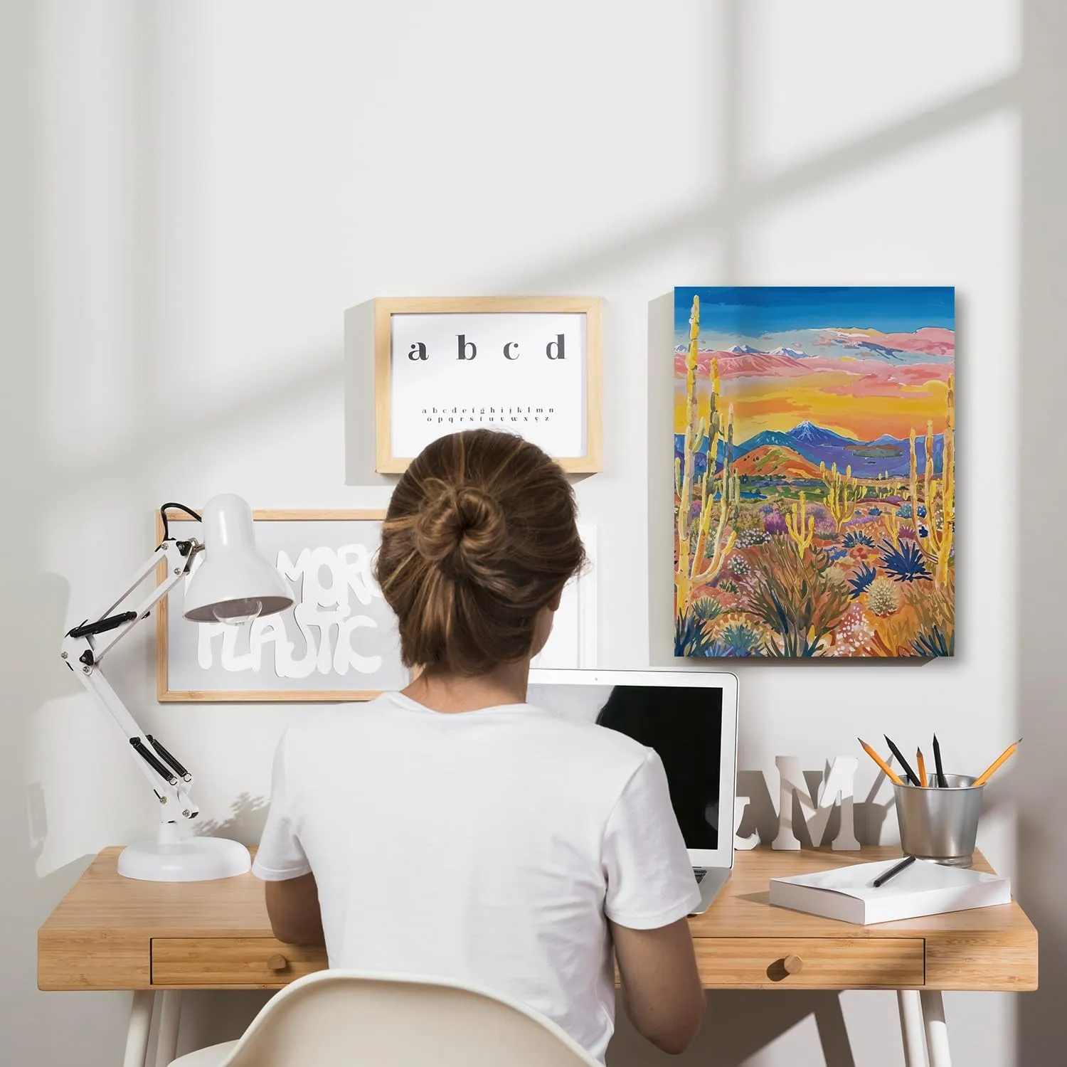 JINYO Maximalist Western Desert Scenery Canvas Wall Art Framed, Western Wall Decor, Abstract Mid Century Modern Cactus Botanical Poster Prints for Home Bedroom Living Room Wall, 11x14 Inch