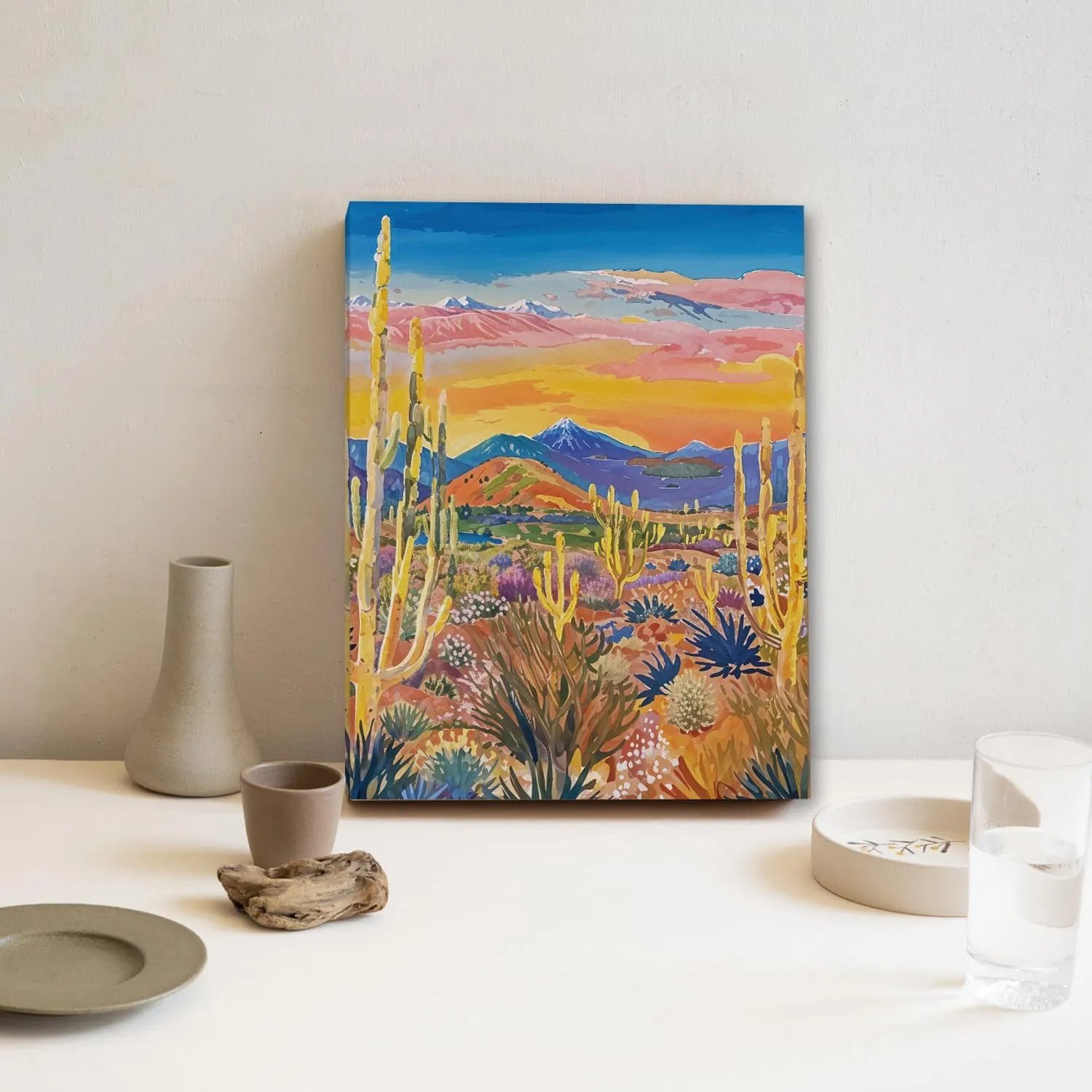 JINYO Maximalist Western Desert Scenery Canvas Wall Art Framed, Western Wall Decor, Abstract Mid Century Modern Cactus Botanical Poster Prints for Home Bedroom Living Room Wall, 11x14 Inch