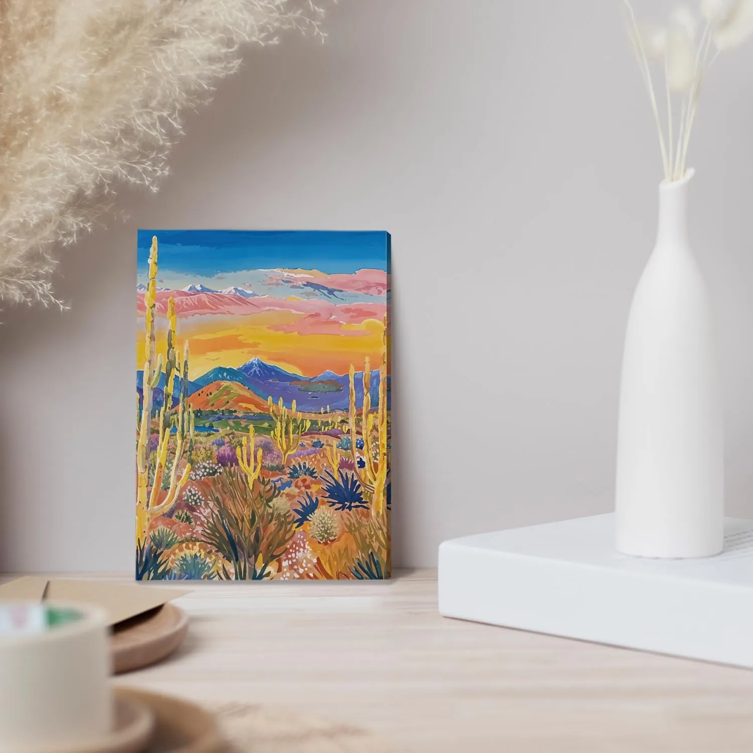 JINYO Maximalist Western Desert Scenery Canvas Wall Art Framed, Western Wall Decor, Abstract Mid Century Modern Cactus Botanical Poster Prints for Home Bedroom Living Room Wall, 11x14 Inch