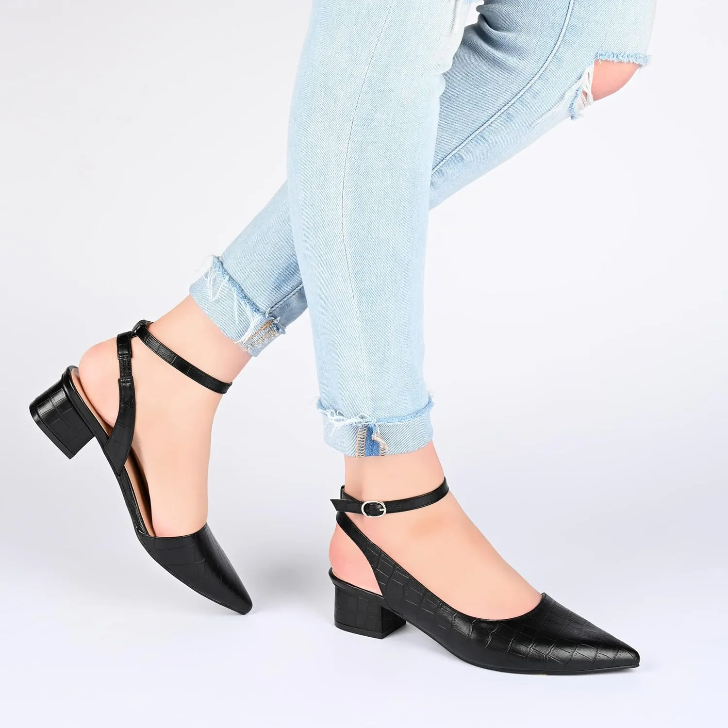Journee Pointed Toe Low Chunky Block Heel D'Orsay Buckle Ankle Strap Pump for Women - Keefa Dress Shoes