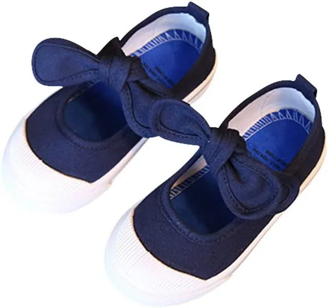 Kid Girls Bowknot Canvas Shoes Soft Sole Ballet Dancing Shoes Mary Jane Flat Sneakers for Toddler Sneakers School Uniform Dress Shoe