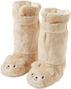 Kids Beige Bear Booties (One Size, Shoe Size 5, 12cm), Long Microfur, Adjustable Bootie, Anti-Slip Sole, Cotton Lining, Infant Girls & Boys