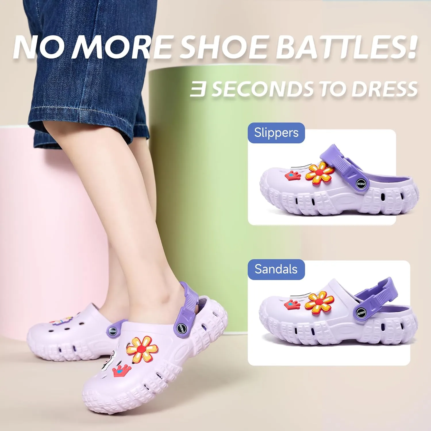 Kids Slip-On Garden Clogs for Toddler to Big Kid (Ages 3-12) | Dual-Density Cushioned Arch Support | Lightweight, Waterproof & Non-Slip | Removable Charms for Beach, Pool & Garden Play