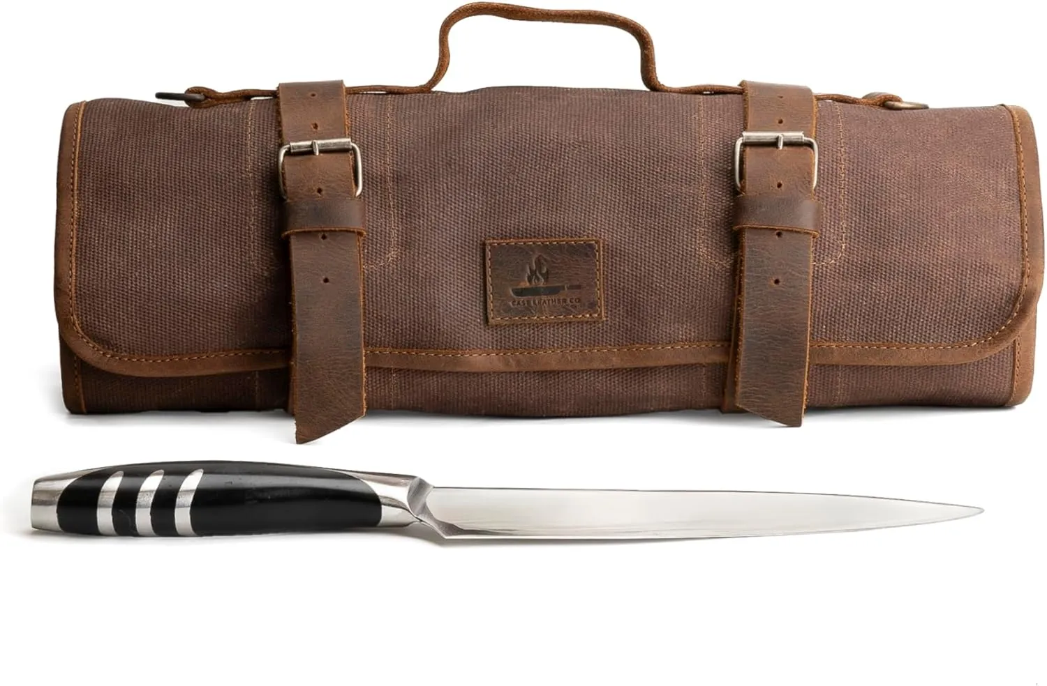 Knife Roll with 8 Pockets, Portable Knife Organizer, Cooking Accessories, Travel Bag, Waxed Canvas, Handmade, Honey Bourbon