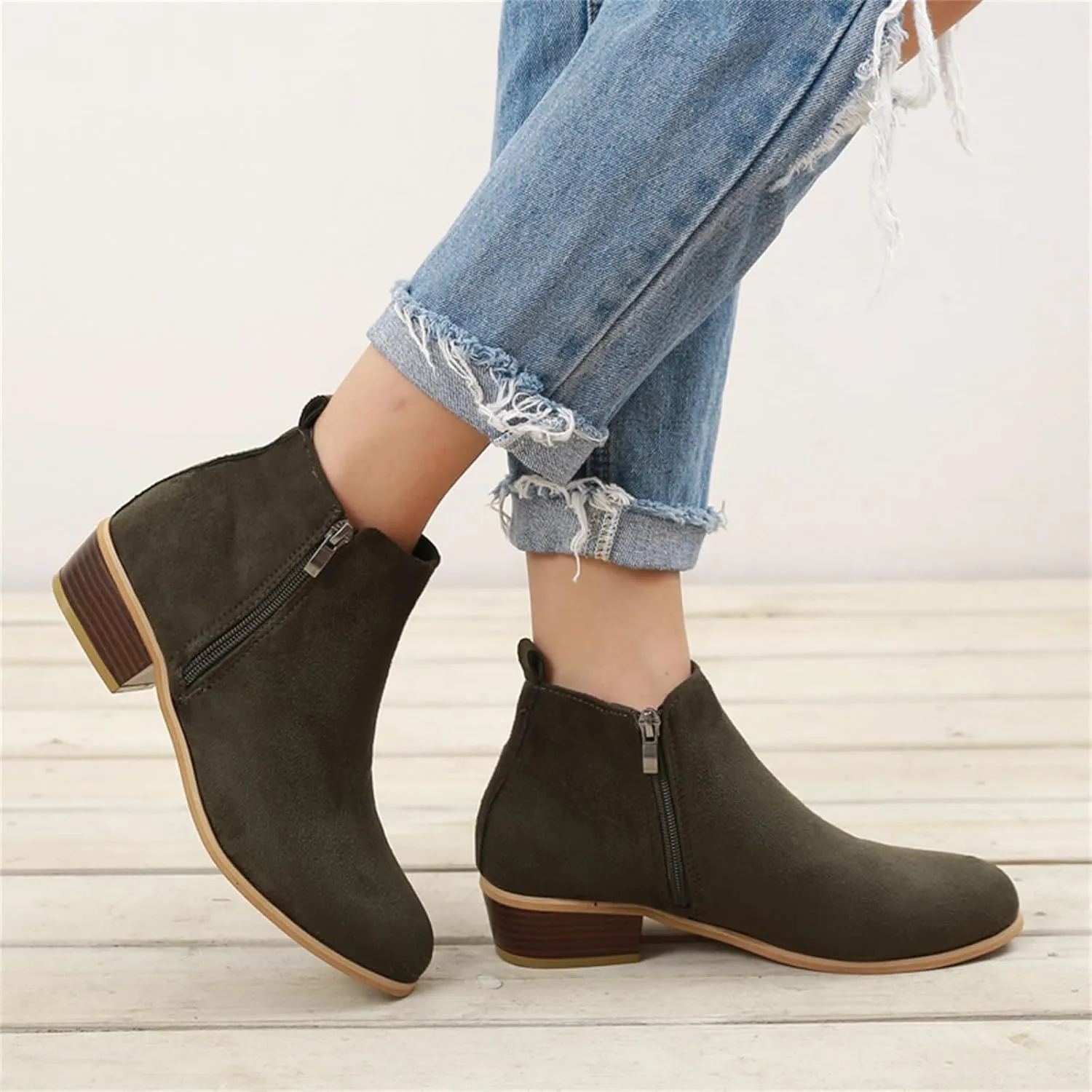 Ladmiple Ankle Boots For Women Low Heel Wide Width Chunky Block Heel Fall Winter Short Booties Cowboy Cowgirl Western Shoes
