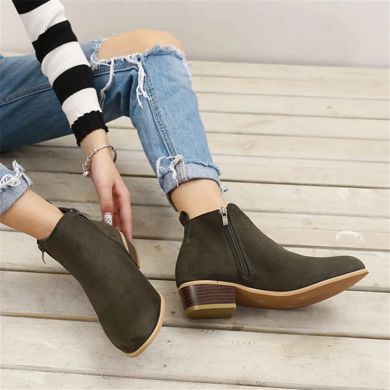 Ladmiple Ankle Boots For Women Low Heel Wide Width Chunky Block Heel Fall Winter Short Booties Cowboy Cowgirl Western Shoes