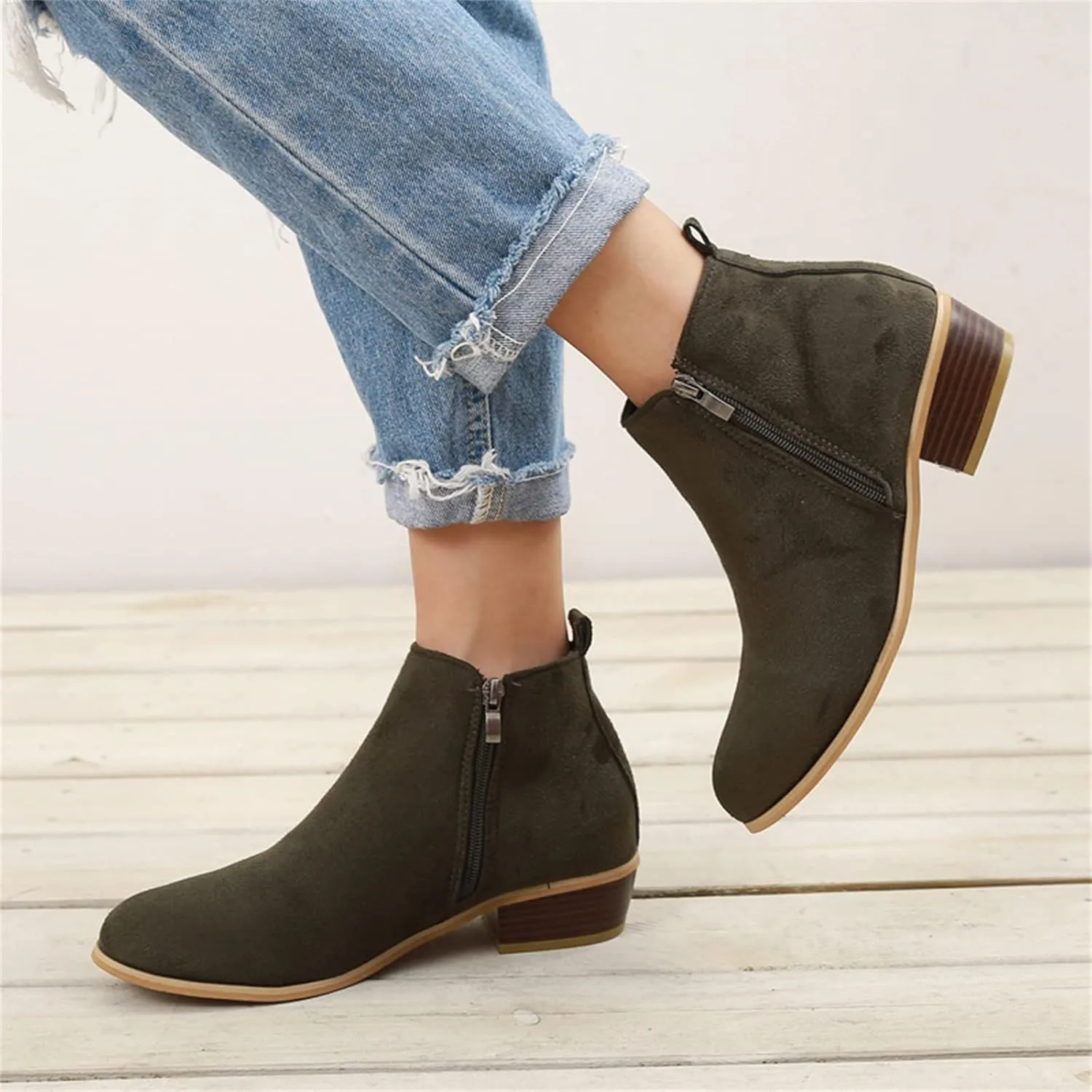 Ladmiple Ankle Boots For Women Low Heel Wide Width Chunky Block Heel Fall Winter Short Booties Cowboy Cowgirl Western Shoes
