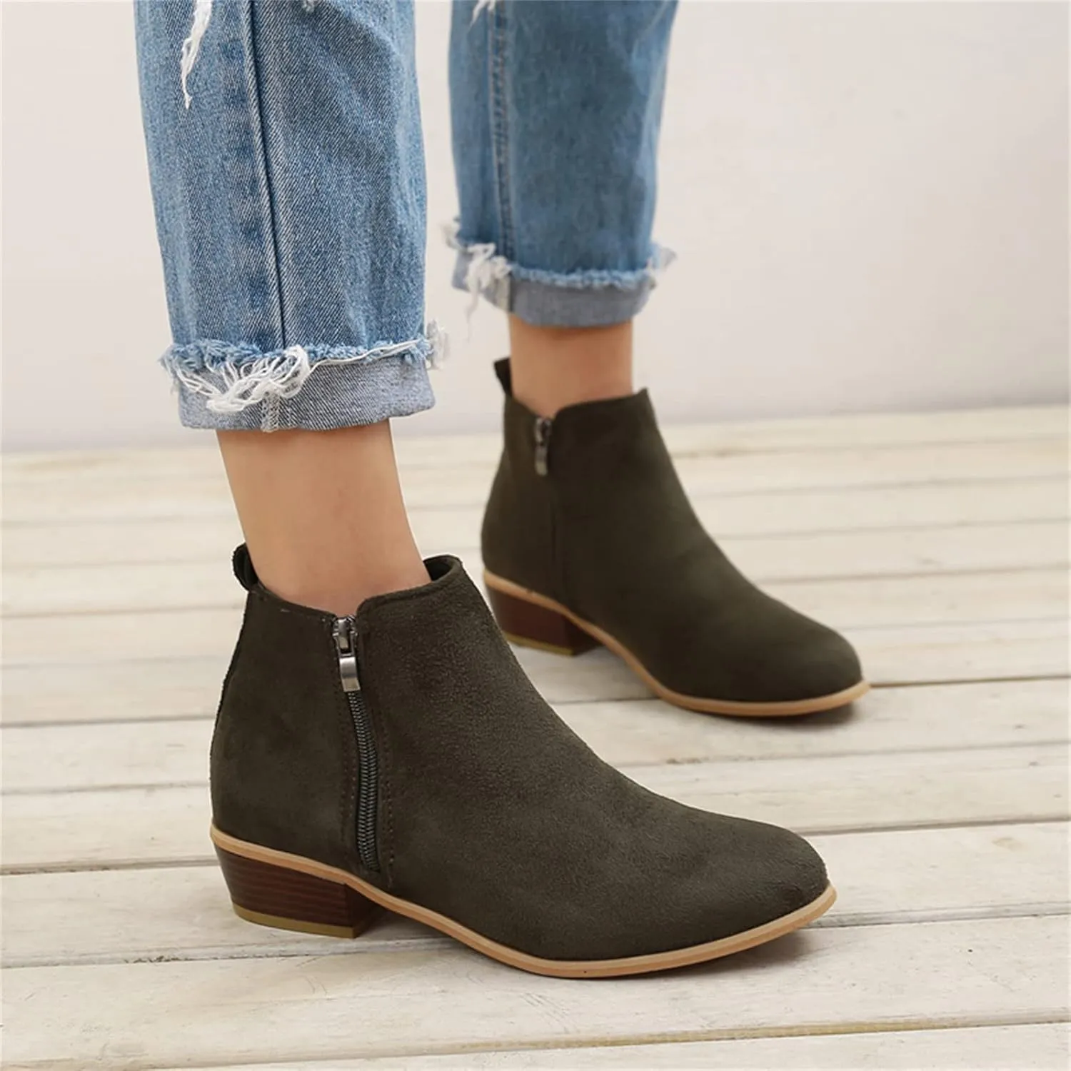 Ladmiple Ankle Boots For Women Low Heel Wide Width Chunky Block Heel Fall Winter Short Booties Cowboy Cowgirl Western Shoes