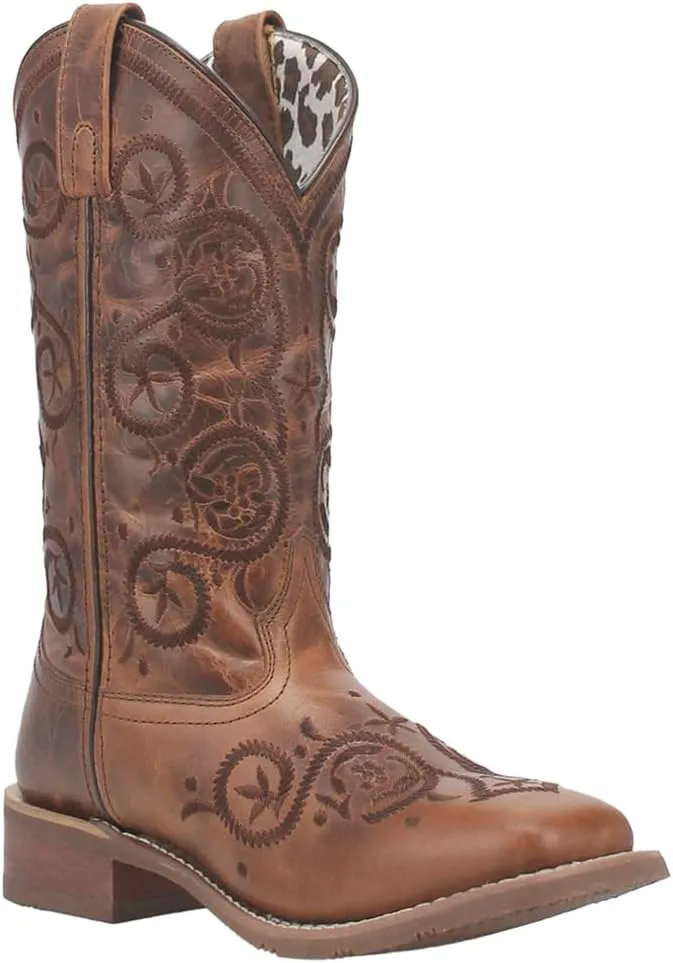 Laredo Womens Dizzie Square Toe Western Cowboy Boots Mid Calf Low Heel 1-2" - Brown