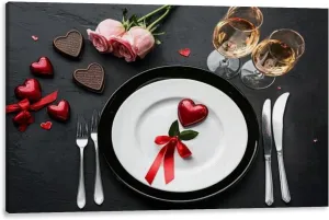 Large Canvas Wall Art Beautiful table setting for Valentine s Day dinner black flat lay Canvas Art Prints Pictures Wall Decor Framed And Stretched Poster Living Room Wall Paintings 20x32 Inches