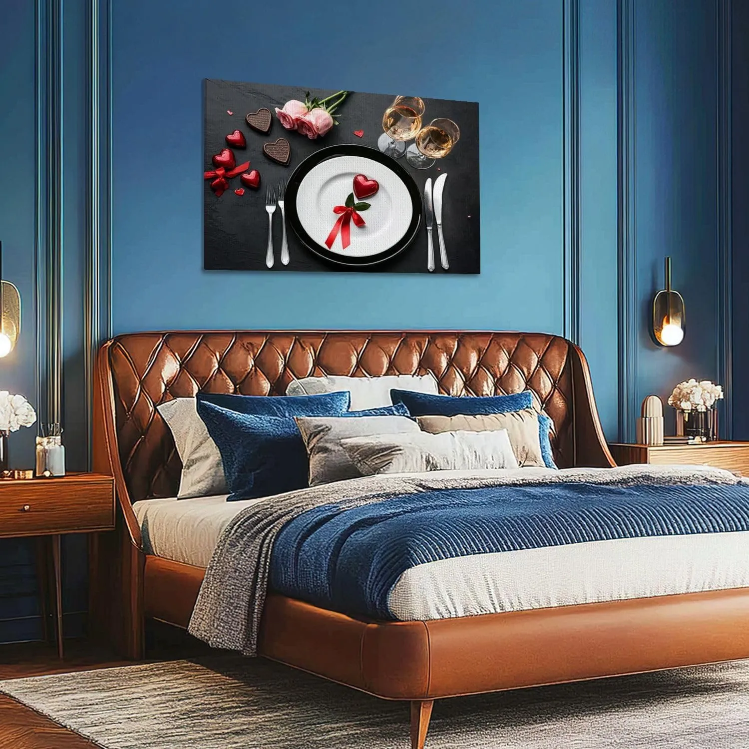 Large Canvas Wall Art Beautiful table setting for Valentine s Day dinner black flat lay Canvas Art Prints Pictures Wall Decor Framed And Stretched Poster Living Room Wall Paintings 20x32 Inches