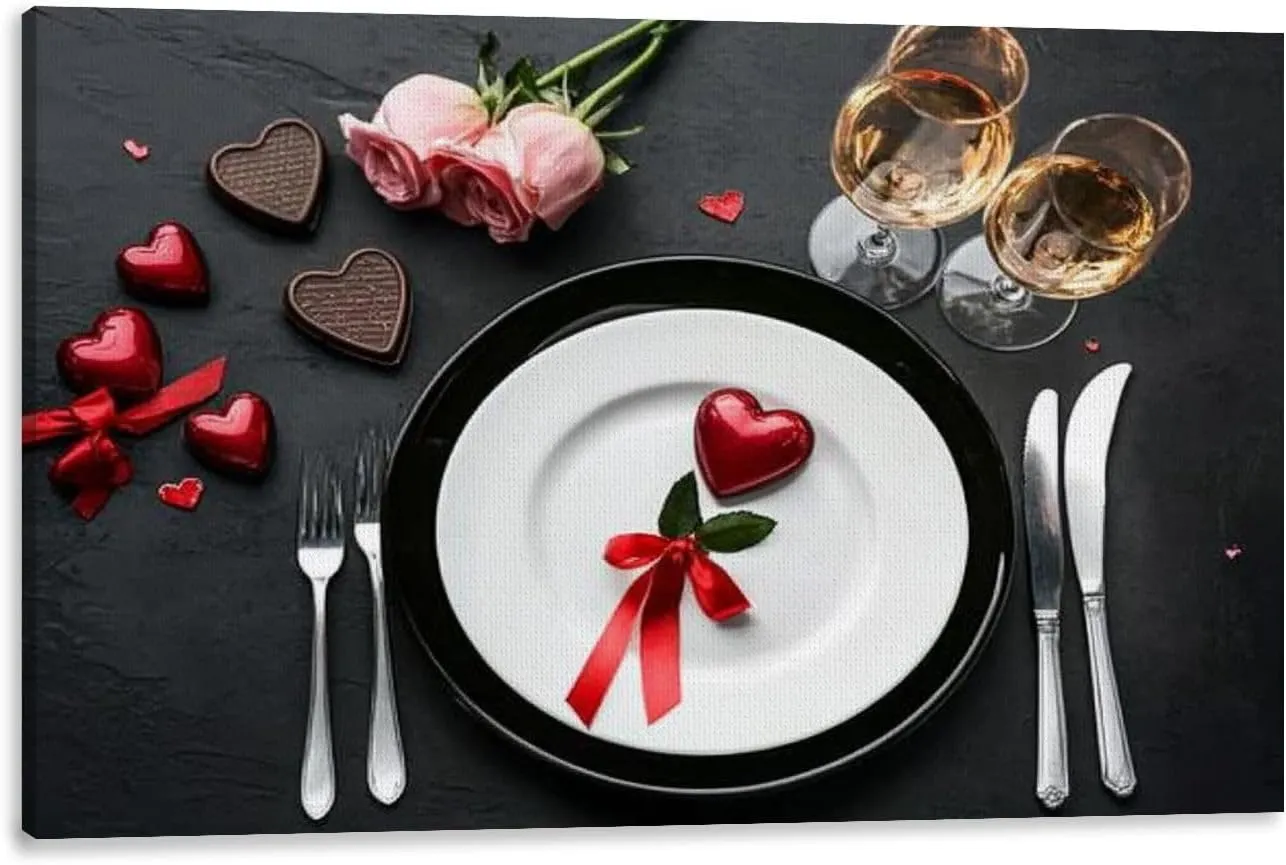 Large Canvas Wall Art Beautiful table setting for Valentine s Day dinner black flat lay Canvas Art Prints Pictures Wall Decor Framed And Stretched Poster Living Room Wall Paintings 20x32 Inches