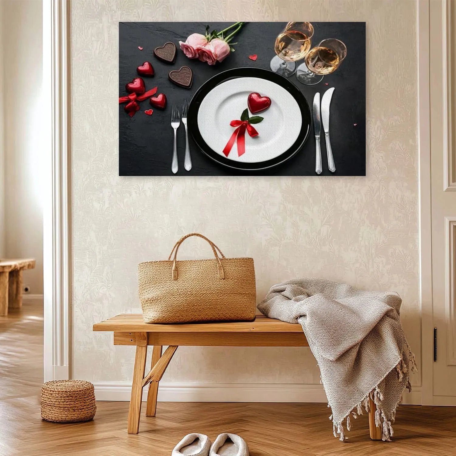 Large Canvas Wall Art Beautiful table setting for Valentine s Day dinner black flat lay Canvas Art Prints Pictures Wall Decor Framed And Stretched Poster Living Room Wall Paintings 20x32 Inches
