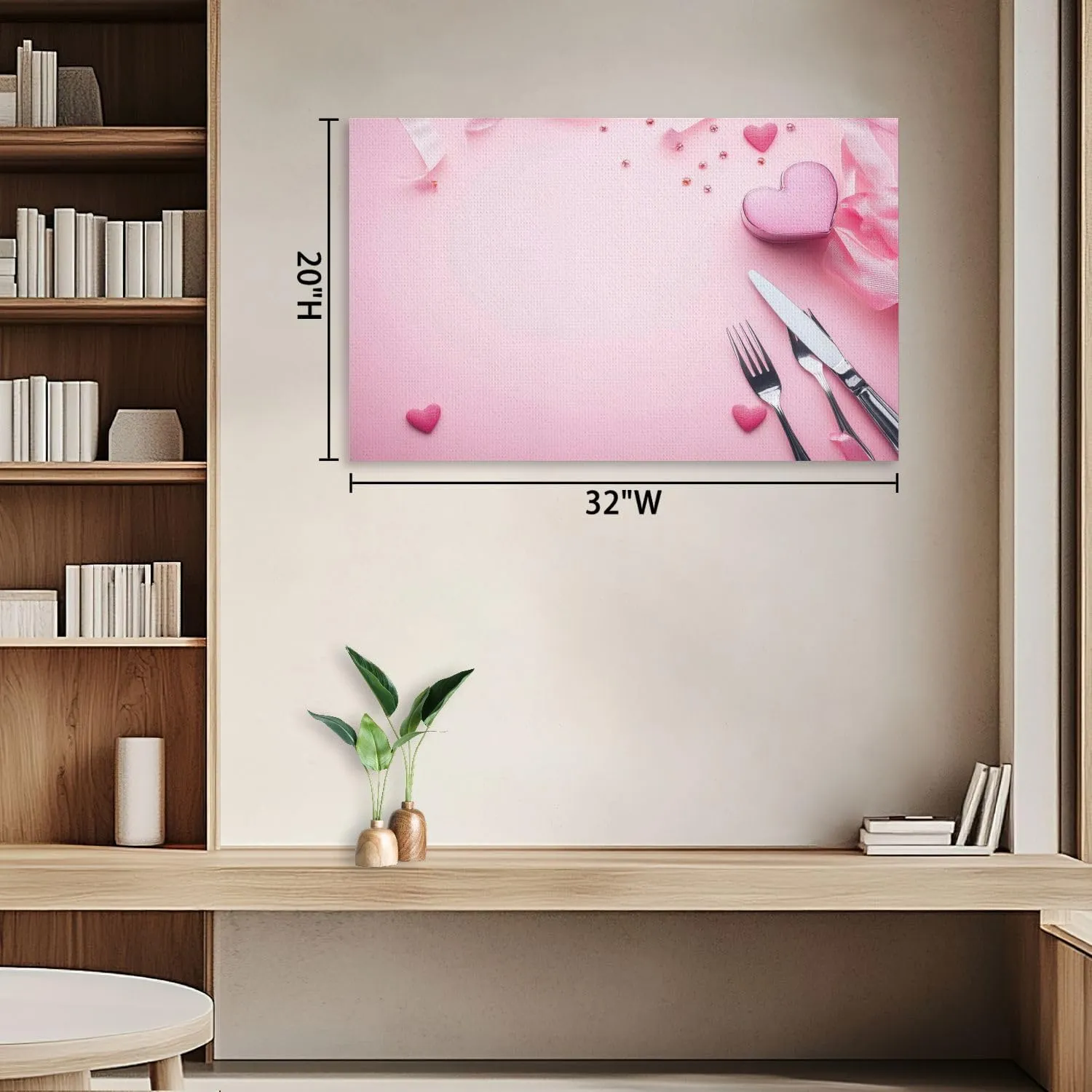 Large Canvas Wall Art Sweet hearts cutlery white plate pink ribbon pink flat lay Valentine s Canvas Art Prints Pictures Wall Decor Framed And Stretched Poster Living Room Wall Paintings 20x32 Inches