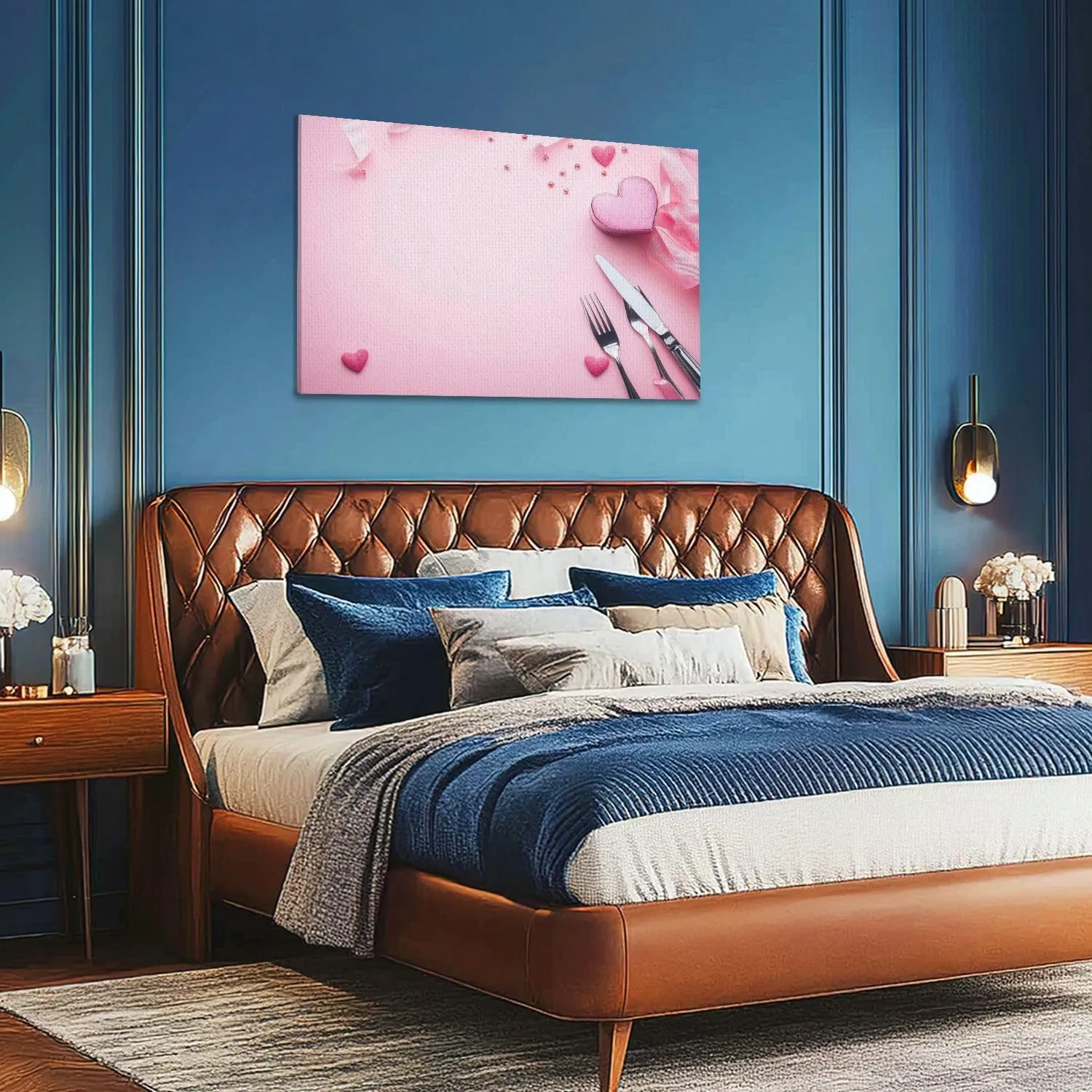 Large Canvas Wall Art Sweet hearts cutlery white plate pink ribbon pink flat lay Valentine s Canvas Art Prints Pictures Wall Decor Framed And Stretched Poster Living Room Wall Paintings 20x32 Inches