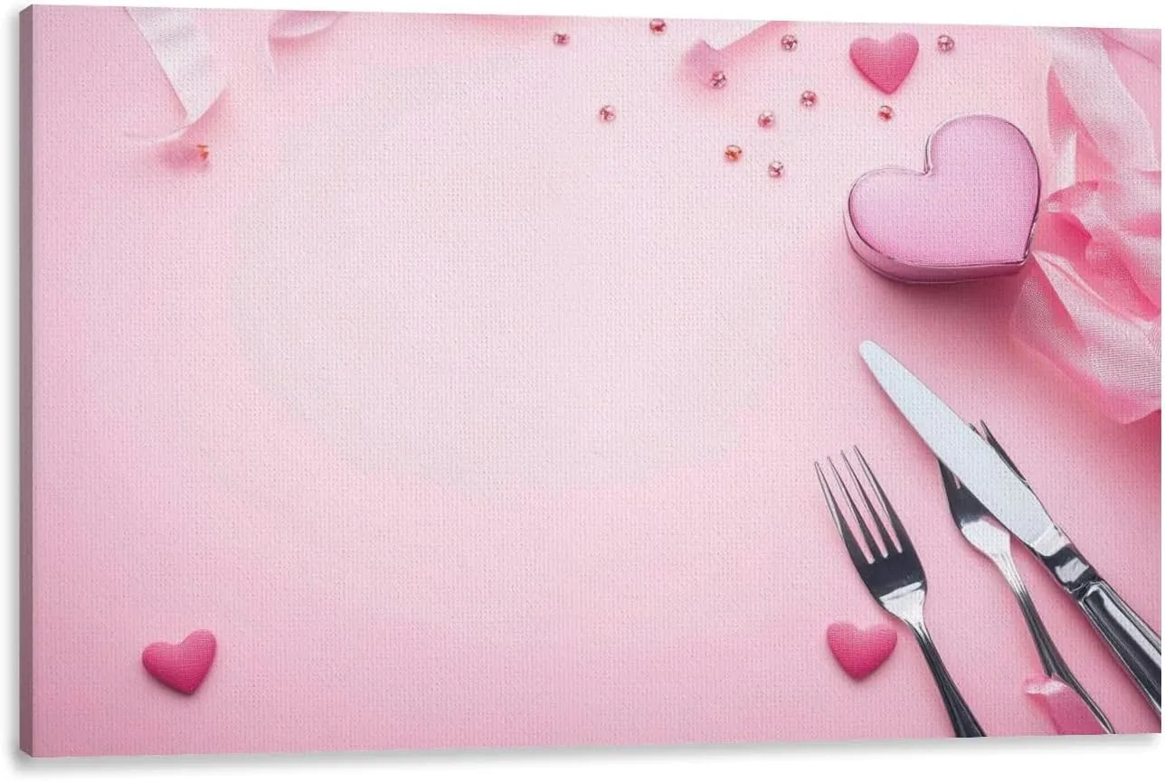 Large Canvas Wall Art Sweet hearts cutlery white plate pink ribbon pink flat lay Valentine s Canvas Art Prints Pictures Wall Decor Framed And Stretched Poster Living Room Wall Paintings 20x32 Inches