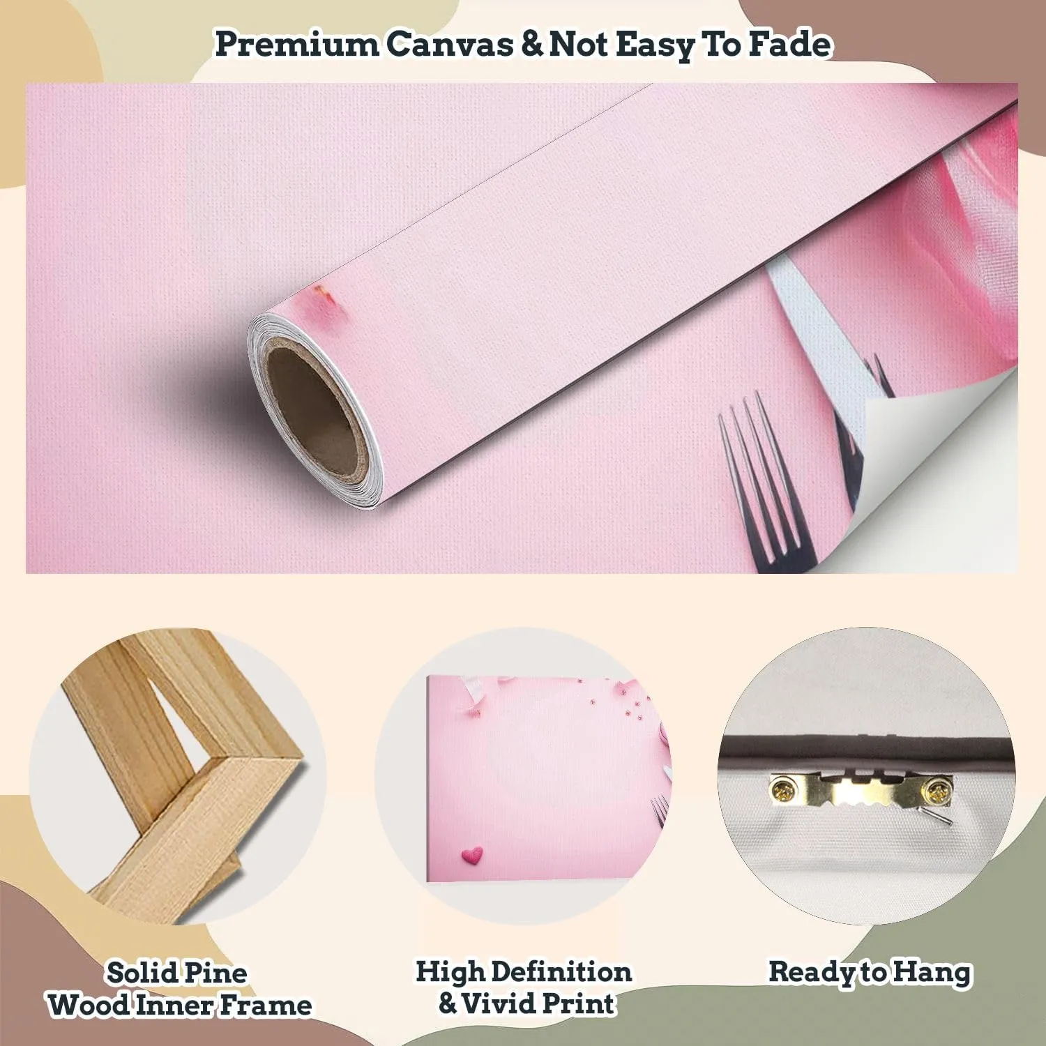 Large Canvas Wall Art Sweet hearts cutlery white plate pink ribbon pink flat lay Valentine s Canvas Art Prints Pictures Wall Decor Framed And Stretched Poster Living Room Wall Paintings 20x32 Inches