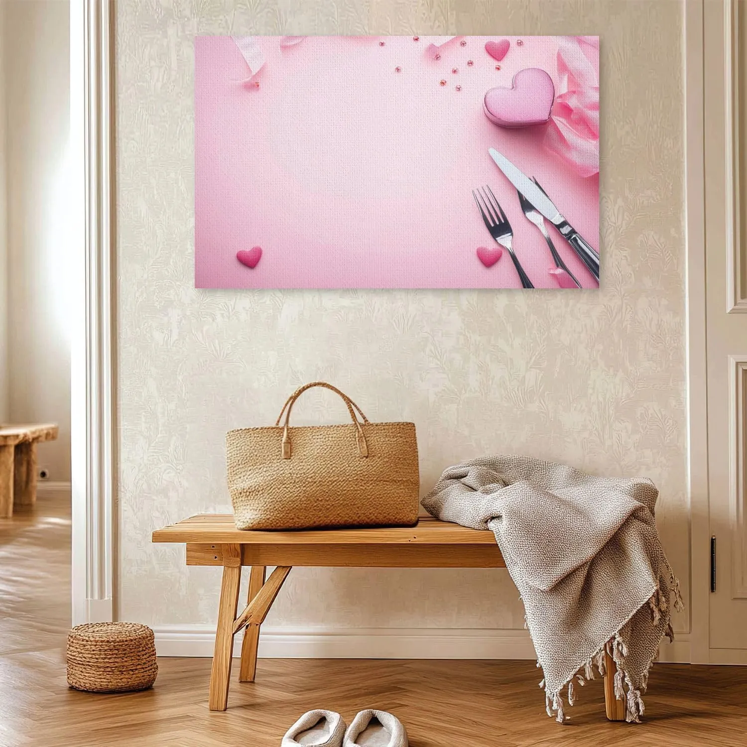 Large Canvas Wall Art Sweet hearts cutlery white plate pink ribbon pink flat lay Valentine s Canvas Art Prints Pictures Wall Decor Framed And Stretched Poster Living Room Wall Paintings 20x32 Inches