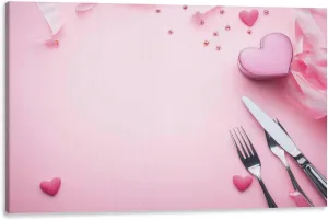 Large Canvas Wall Art Sweet hearts cutlery white plate pink ribbon pink flat lay Valentine s Canvas Art Prints Pictures Wall Decor Framed And Stretched Poster Living Room Wall Paintings 20x32 Inches