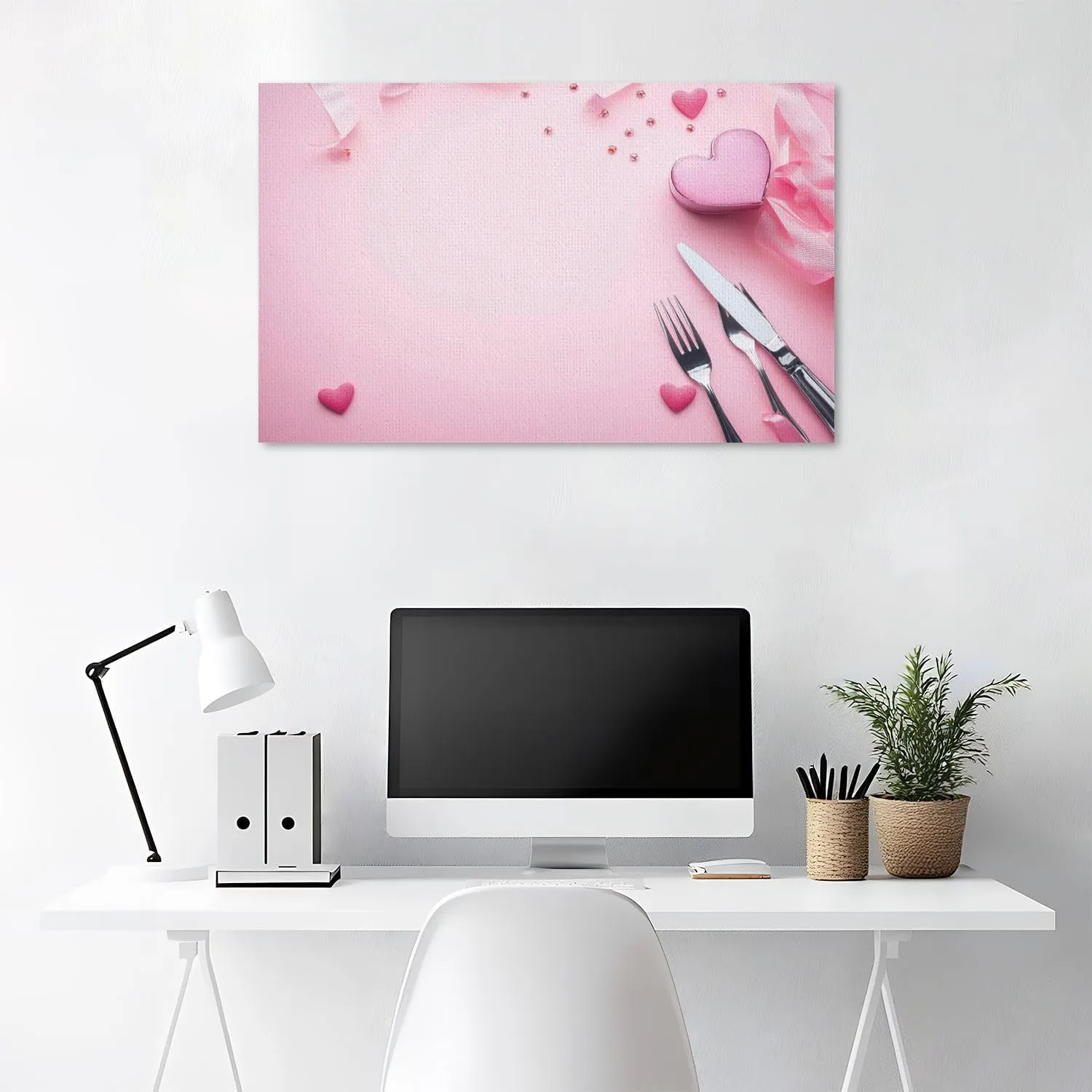 Large Canvas Wall Art Sweet hearts cutlery white plate pink ribbon pink flat lay Valentine s Canvas Art Prints Pictures Wall Decor Framed And Stretched Poster Living Room Wall Paintings 20x32 Inches