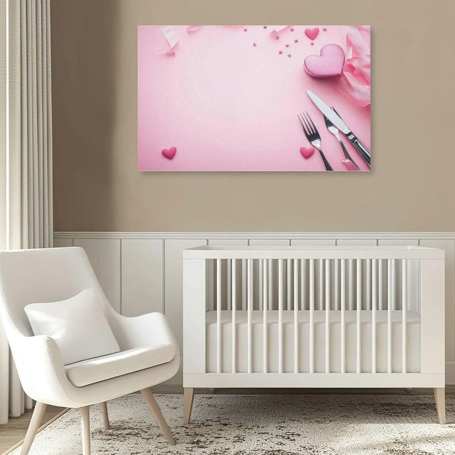 Large Canvas Wall Art Sweet hearts cutlery white plate pink ribbon pink flat lay Valentine s Canvas Art Prints Pictures Wall Decor Framed And Stretched Poster Living Room Wall Paintings 20x32 Inches