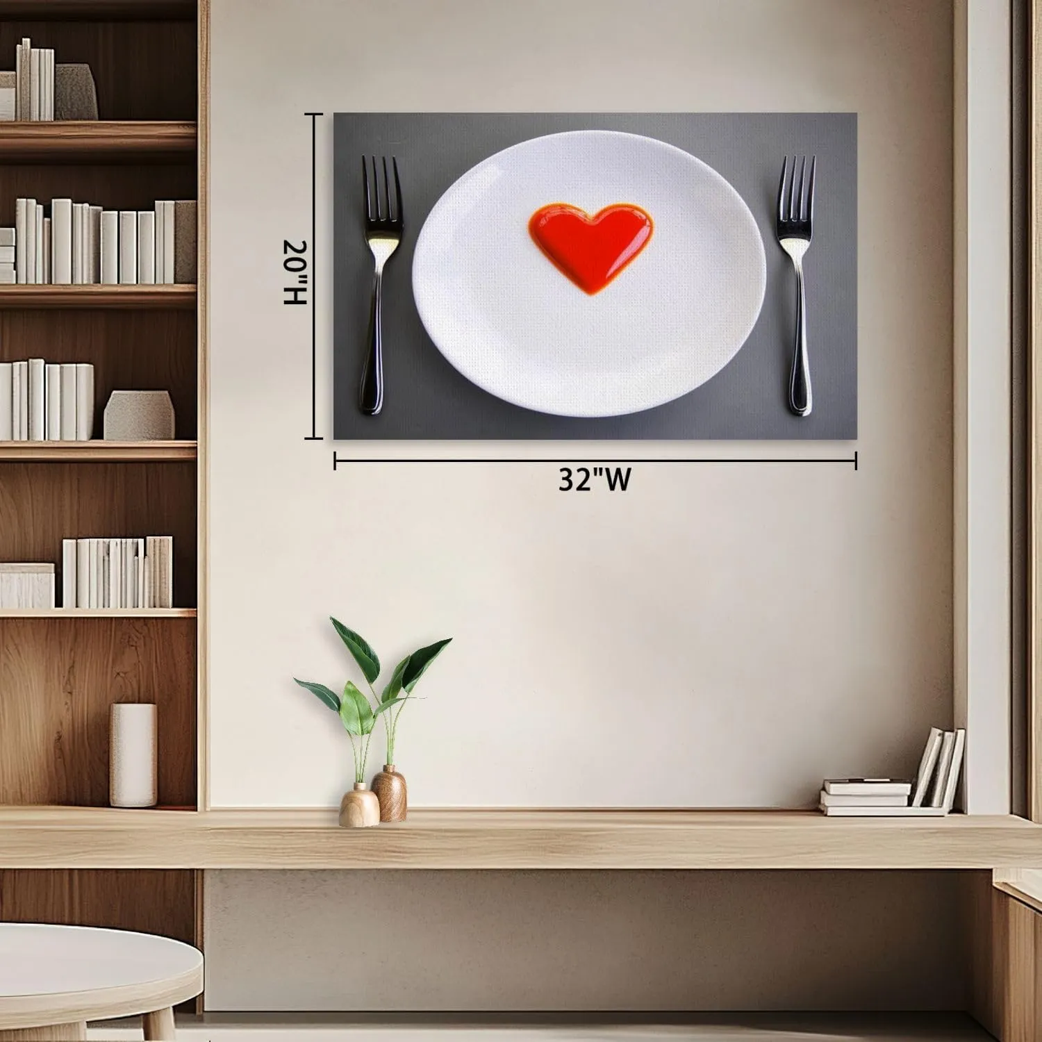 Large Canvas Wall Art White plate fork knife red heart grey flat lay Valentine s day medical Canvas Art Prints Pictures Wall Decor Framed And Stretched Poster Living Room Wall Paintings 20x32 Inches