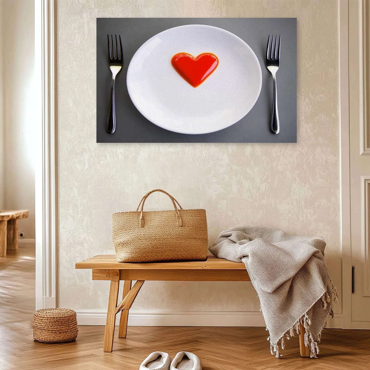Large Canvas Wall Art White plate fork knife red heart grey flat lay Valentine s day medical Canvas Art Prints Pictures Wall Decor Framed And Stretched Poster Living Room Wall Paintings 20x32 Inches