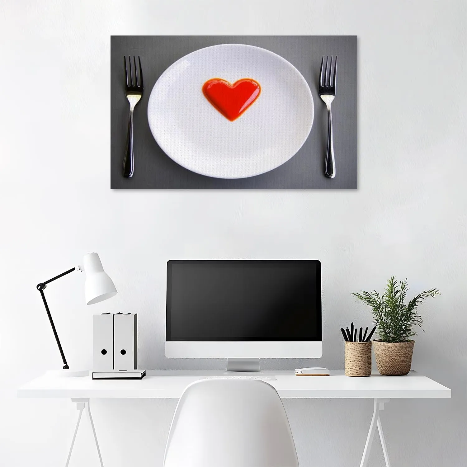 Large Canvas Wall Art White plate fork knife red heart grey flat lay Valentine s day medical Canvas Art Prints Pictures Wall Decor Framed And Stretched Poster Living Room Wall Paintings 20x32 Inches