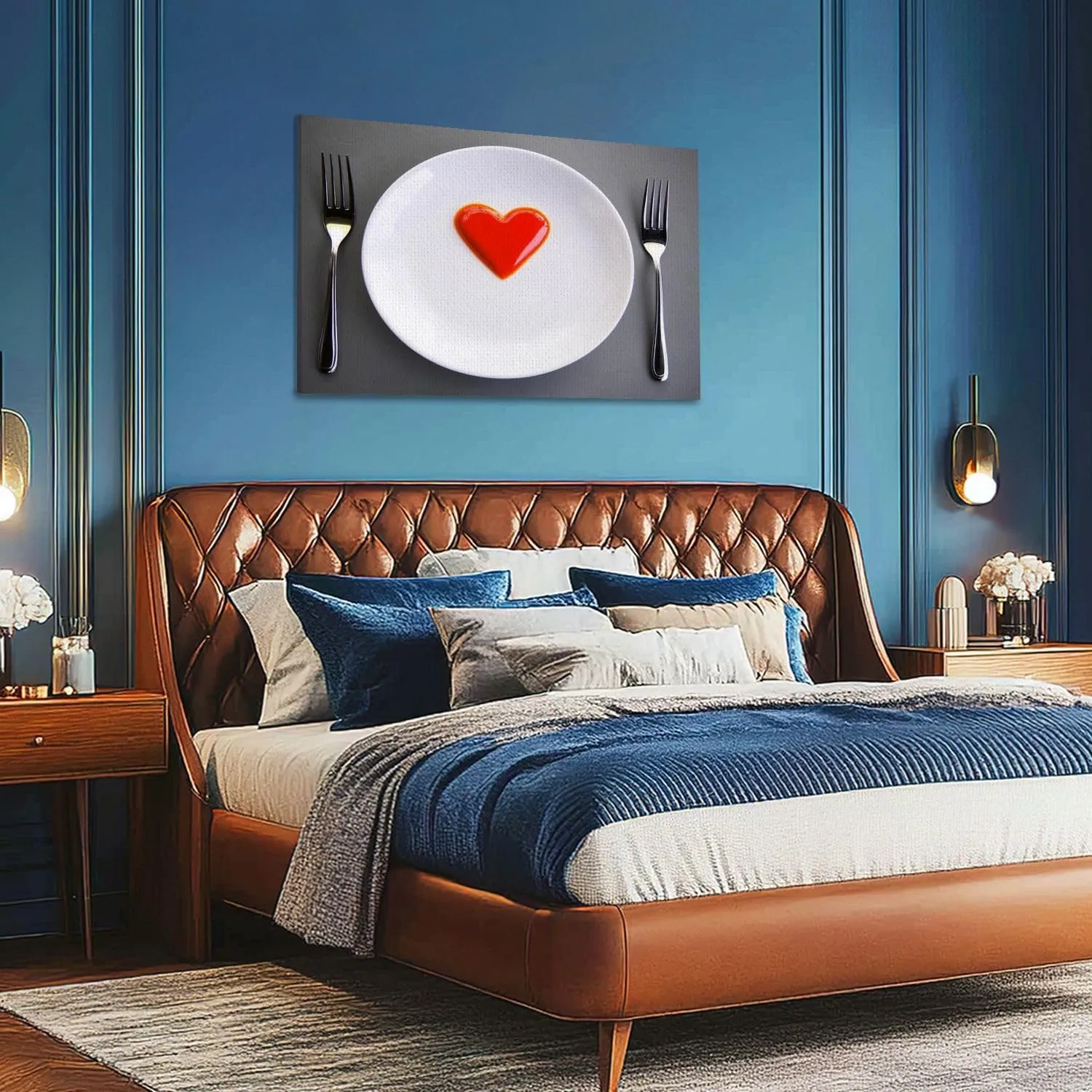 Large Canvas Wall Art White plate fork knife red heart grey flat lay Valentine s day medical Canvas Art Prints Pictures Wall Decor Framed And Stretched Poster Living Room Wall Paintings 20x32 Inches