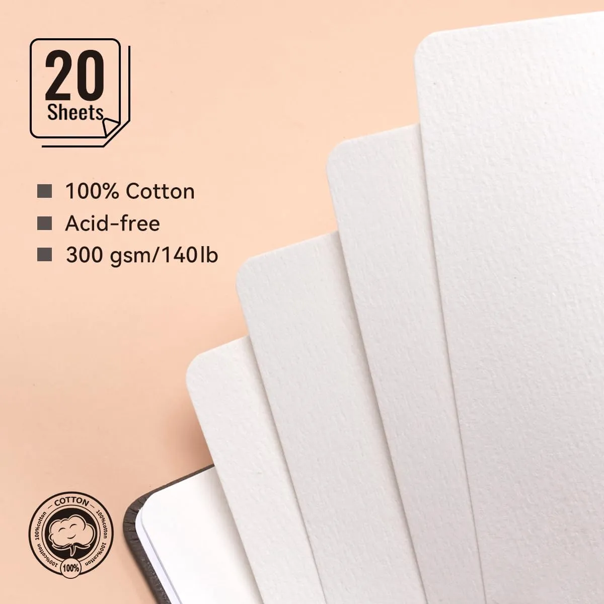 Lightwish Square Watercolor Journal, 100% Cotton Cold Press Watercolor Paper Sketchbook 7.48”x 7.48”, 20 Sheets (140lb/300gsm), Acid-Free for Watercolors, Gouache, Acrylics