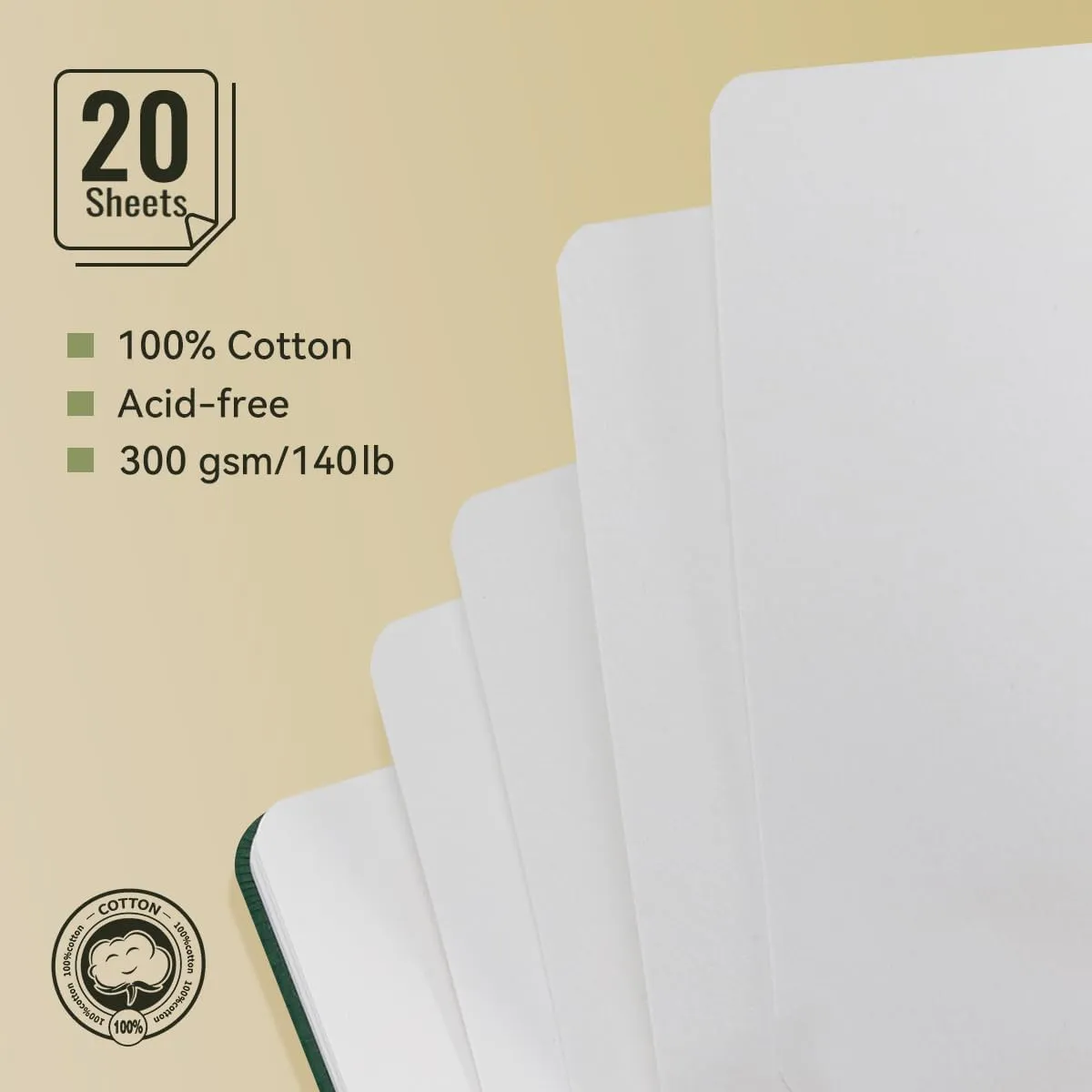 Lightwish Square Watercolor Journal, 100% Cotton Hot Press Watercolor Paper Sketchbook 7.48” x 7.48”, 20 Sheets (140lb/300gsm), Acid-Free for Watercolors, Gouache, Acrylics