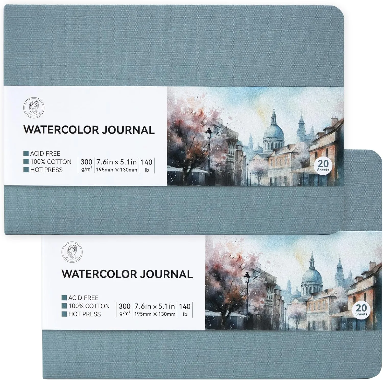 Lightwish Watercolor Sketchbook, 100% Cotton Hot Press Art Supplies Watercolor Paper Journal 7.6 * 5.1In, 2 Pack 40 Sheets (140lb/300gsm), Acid-Free for Watercolors, Gouache, Acrylics（Grey Blue）