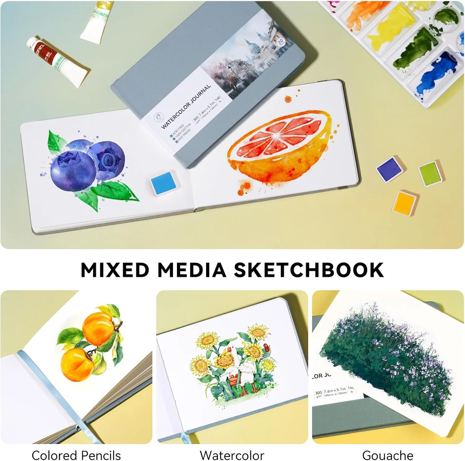 Lightwish Watercolor Sketchbook, 100% Cotton Hot Press Art Supplies Watercolor Paper Journal 7.6 * 5.1In, 2 Pack 40 Sheets (140lb/300gsm), Acid-Free for Watercolors, Gouache, Acrylics（Grey Blue）