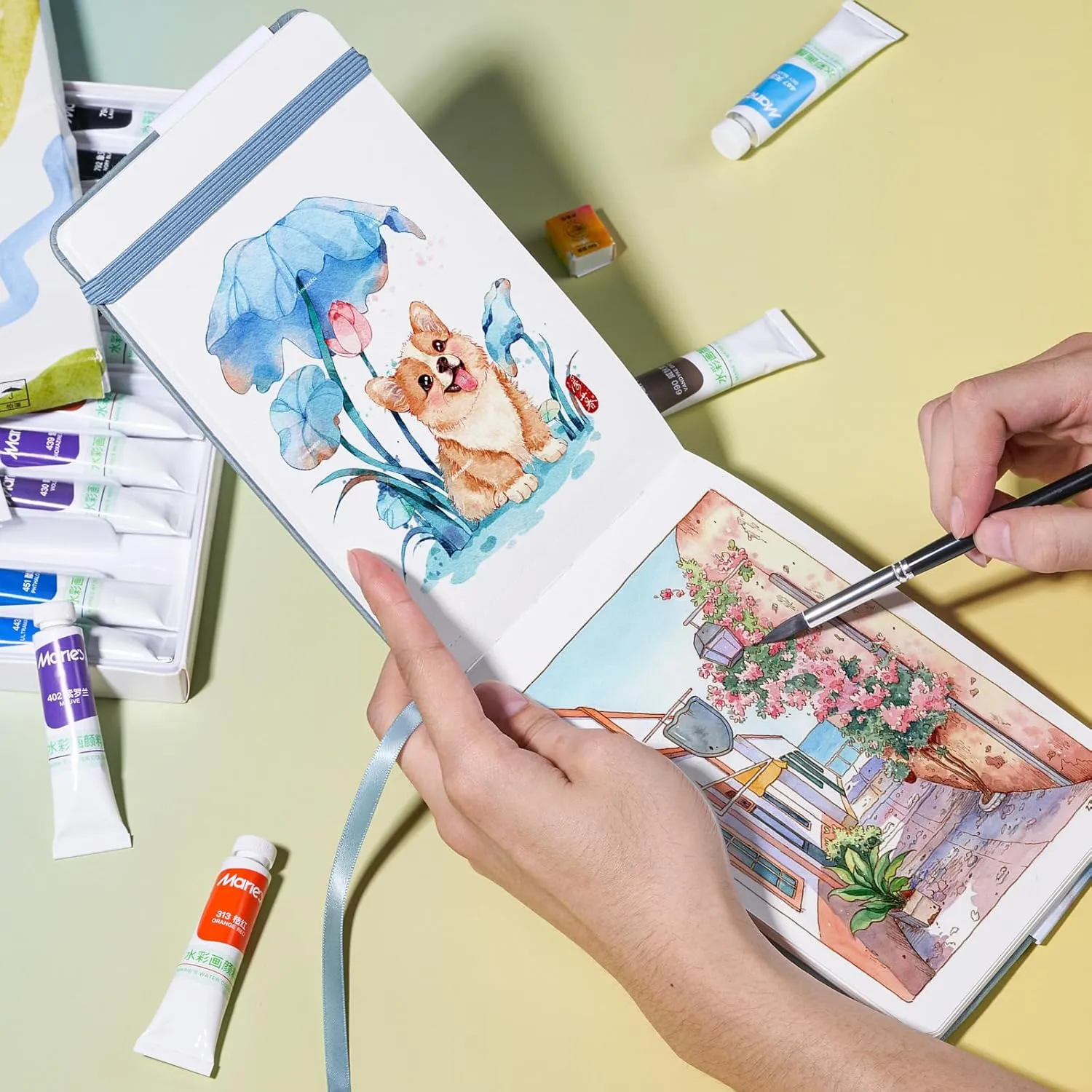 Lightwish Watercolor Sketchbook, 100% Cotton Hot Press Art Supplies Watercolor Paper Journal 7.6 * 5.1In, 2 Pack 40 Sheets (140lb/300gsm), Acid-Free for Watercolors, Gouache, Acrylics（Grey Blue）