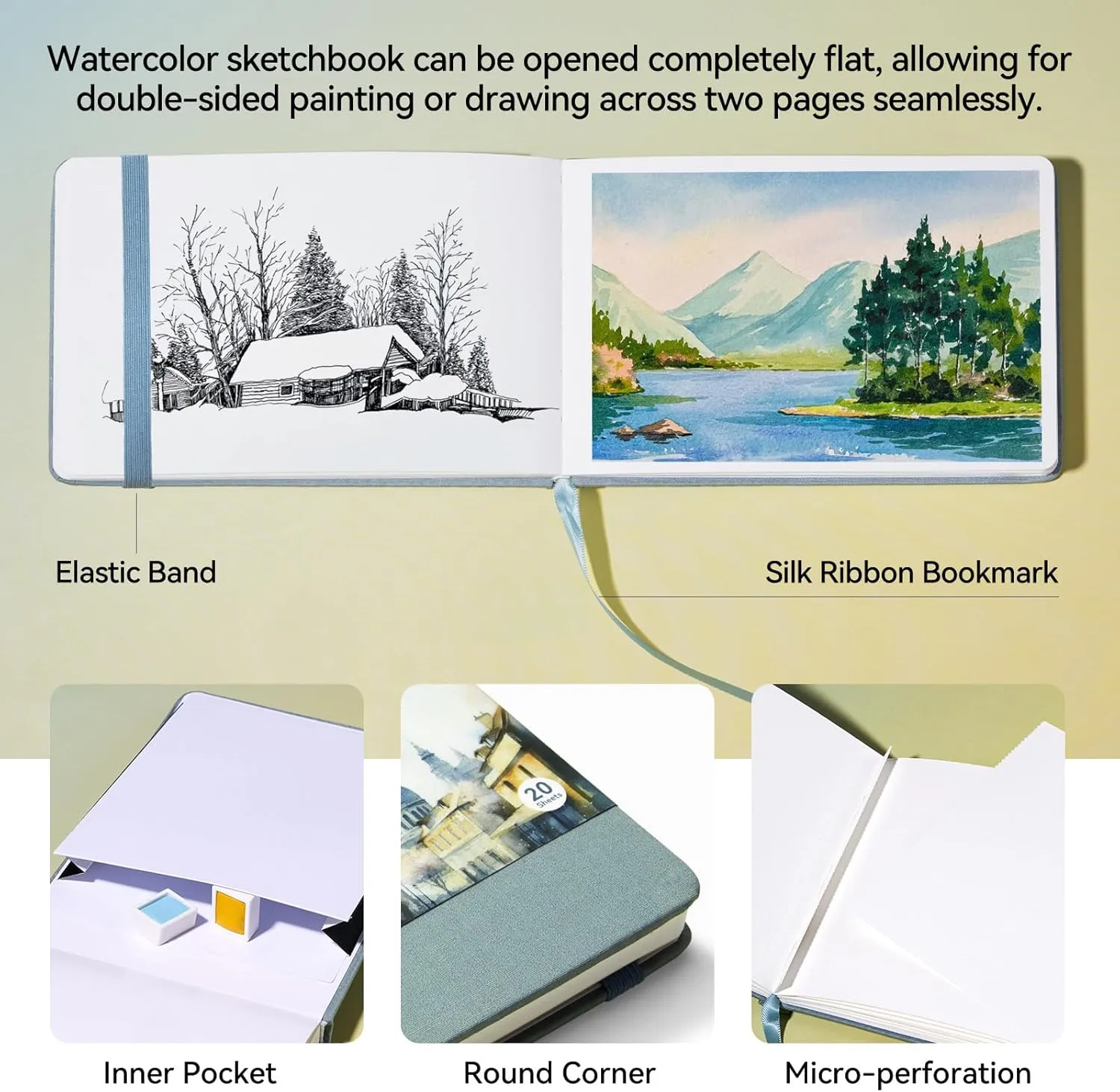 Lightwish Watercolor Sketchbook, 100% Cotton Hot Press Art Supplies Watercolor Paper Journal 7.6 * 5.1In, 2 Pack 40 Sheets (140lb/300gsm), Acid-Free for Watercolors, Gouache, Acrylics（Grey Blue）