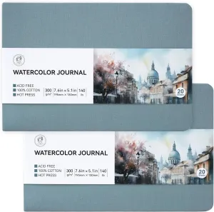 Lightwish Watercolor Sketchbook, 100% Cotton Hot Press Art Supplies Watercolor Paper Journal 7.6 * 5.1In, 2 Pack 40 Sheets (140lb/300gsm), Acid-Free for Watercolors, Gouache, Acrylics（Grey Blue）