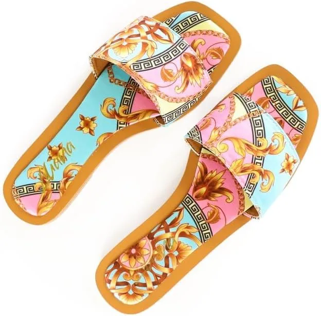 Liliana Women's Comfortable Slip-on Block Square Toe Flat Sandals with Cushioned Footbed - Perfect for Summer Beach Vacation Outfits, MINDEE-2