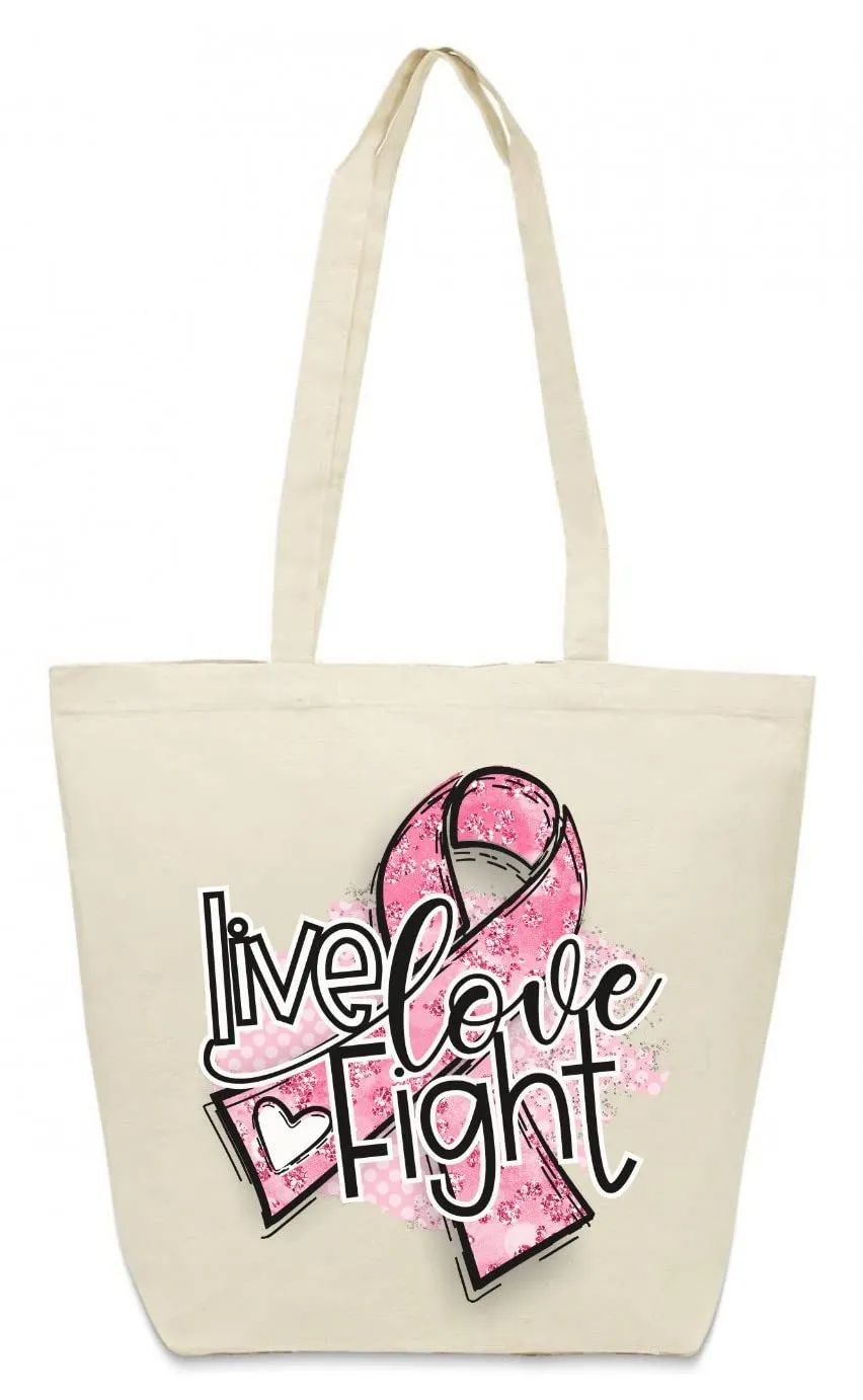 Live, Love, Fight Breast Cancer Awareness Reusable Grocery Bag - Canvas Tote Bag, 12 Ounce Heavy Natural Canvas bag 17 3/4" W x 15 3/4" H x 6 1/4" D Bottom Gusset