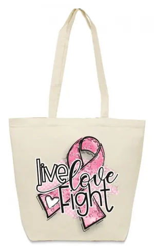 Live, Love, Fight Breast Cancer Awareness Reusable Grocery Bag - Canvas Tote Bag, 12 Ounce Heavy Natural Canvas bag 17 3/4" W x 15 3/4" H x 6 1/4" D Bottom Gusset
