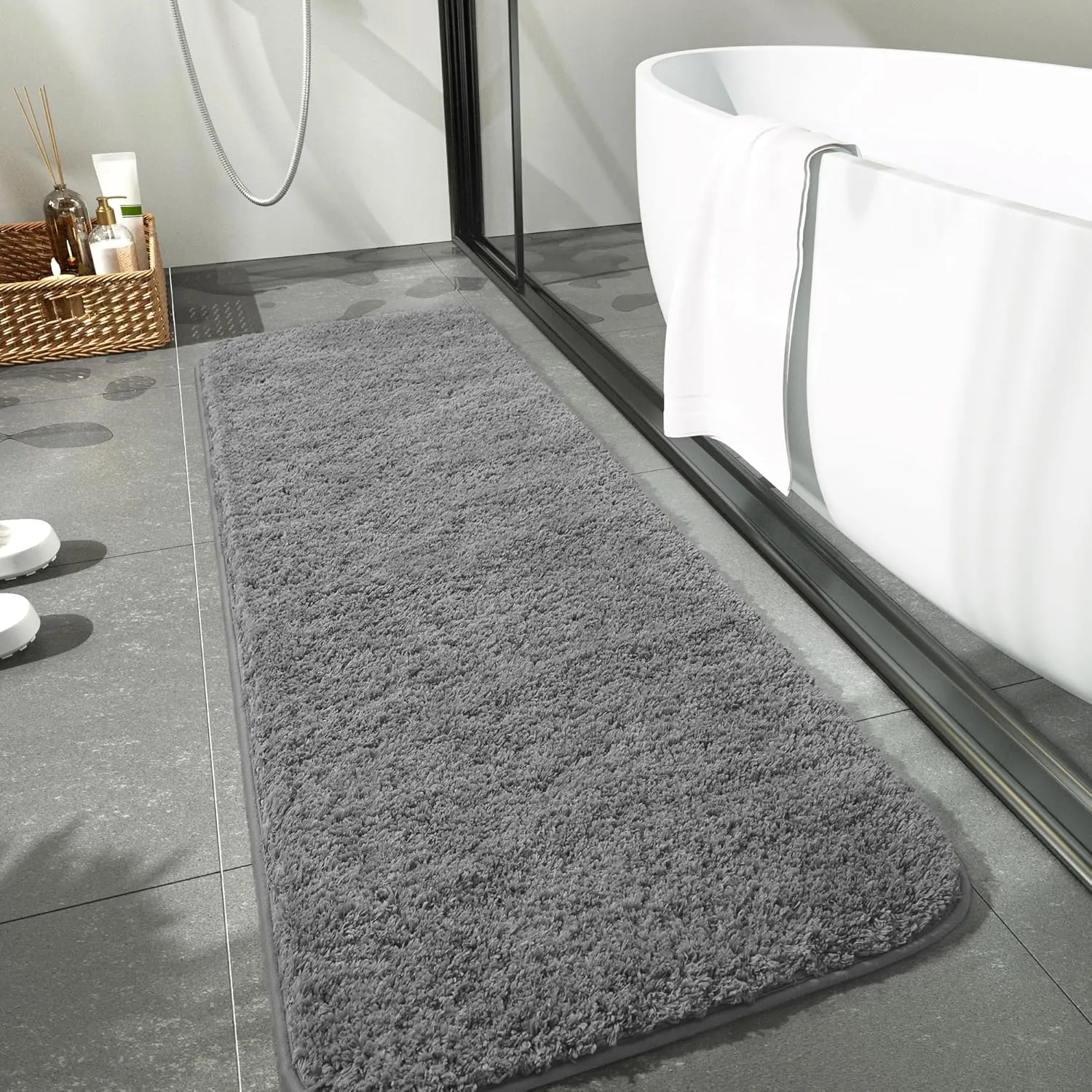 LOCHAS Bathroom Rug Runner 24x60 Inch, Soft Thick Absorbent Microfiber Bath Rugs for Bathroom, Machine Washable, Shaggy Plush Non Slip Bath Mat for Tub, Shower Floor, Quick Dry Mats, Grey