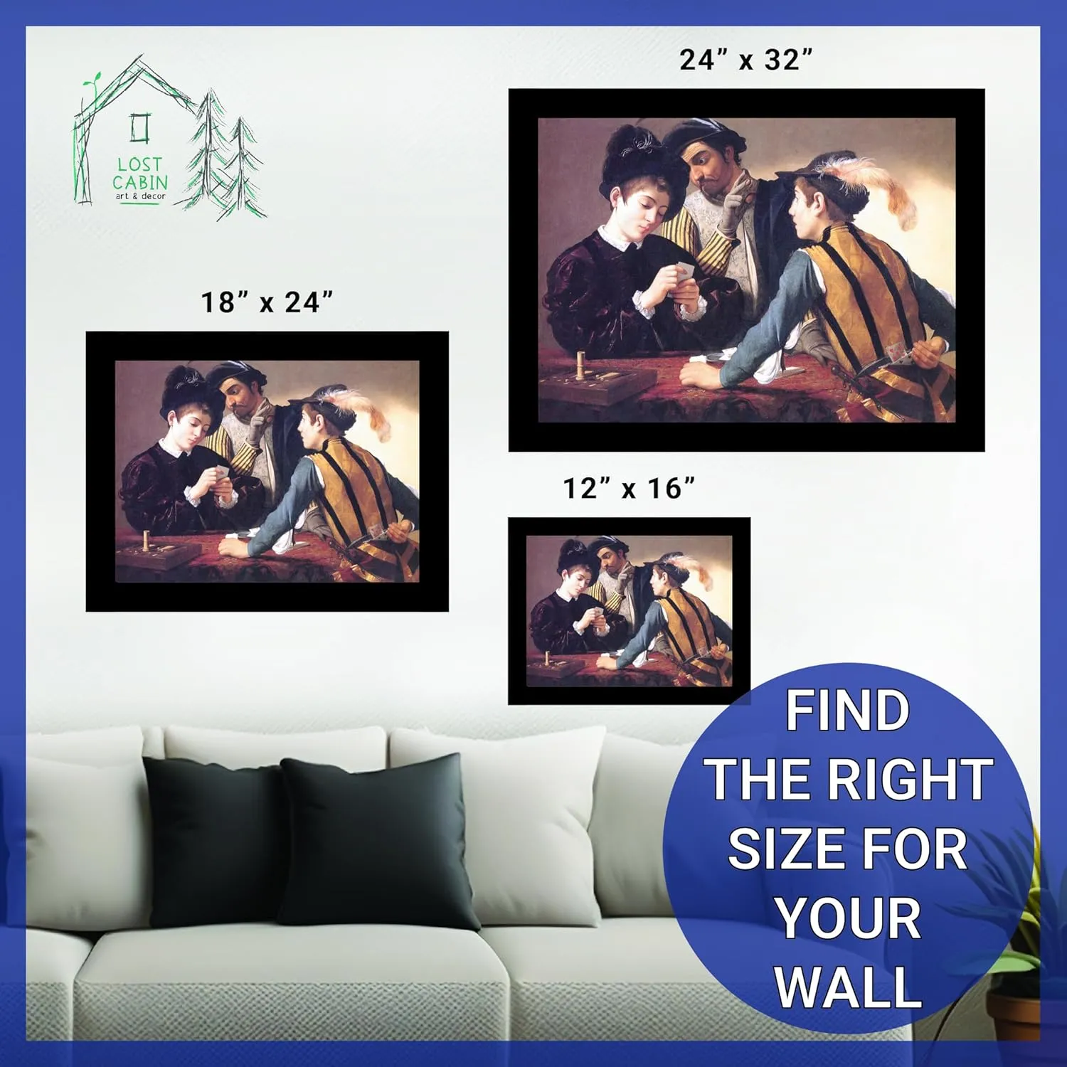 Lost Cabin Cardsharps by Caravaggio | Print in Black Flat Frame | Fine Artwork Painting Reproduction | Framed Wall Art Decor Poster Gift | Image: 12x16 Frame: 13.5x17.5