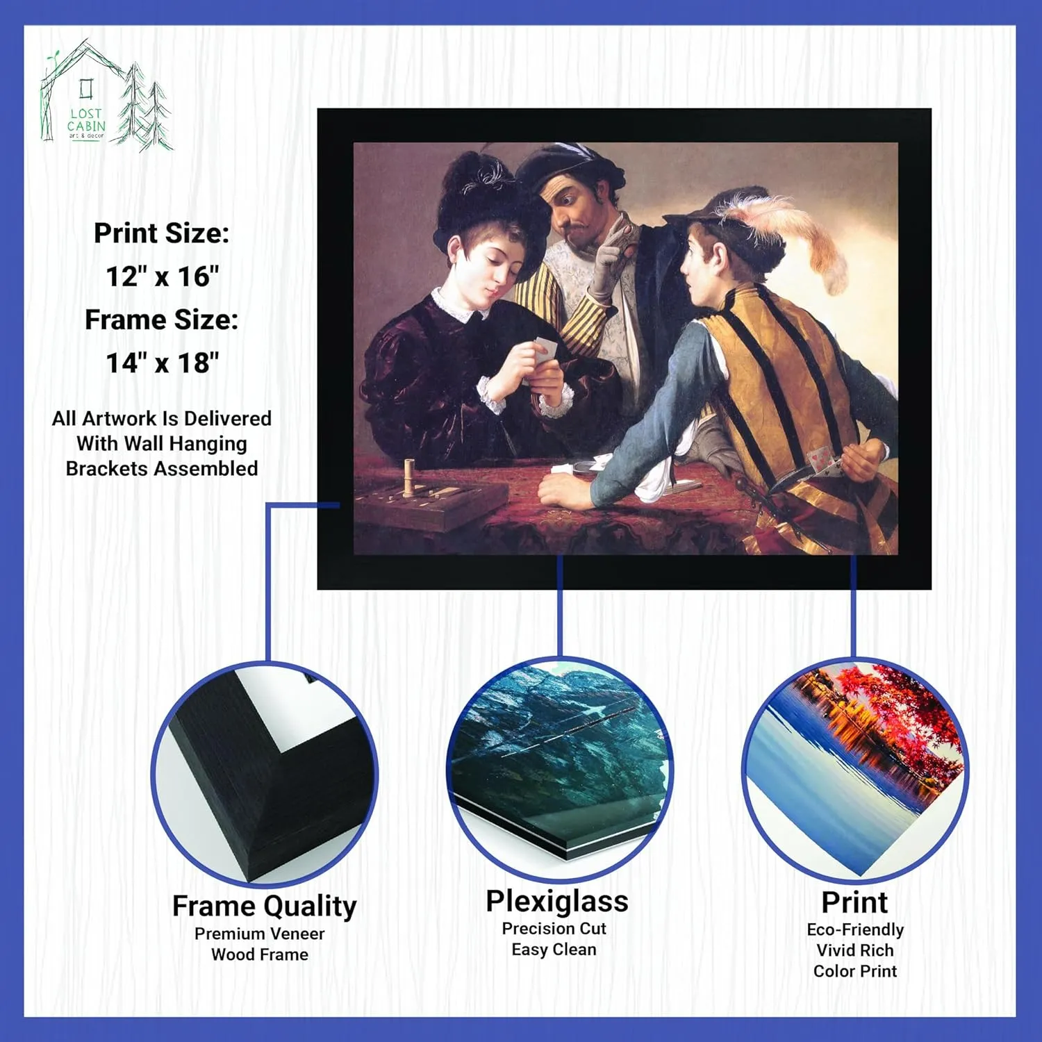 Lost Cabin Cardsharps by Caravaggio | Print in Black Flat Frame | Fine Artwork Painting Reproduction | Framed Wall Art Decor Poster Gift | Image: 12x16 Frame: 13.5x17.5