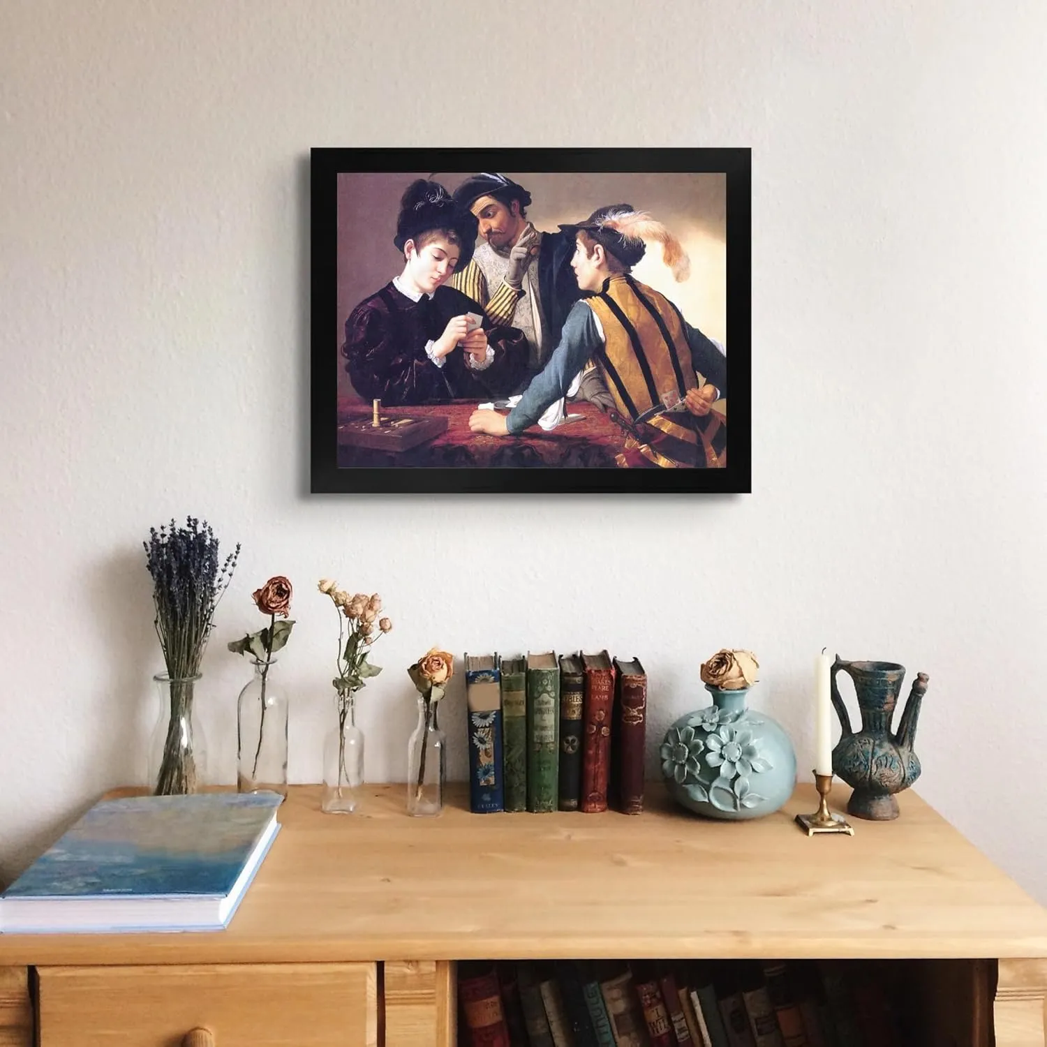 Lost Cabin Cardsharps by Caravaggio | Print in Black Flat Frame | Fine Artwork Painting Reproduction | Framed Wall Art Decor Poster Gift | Image: 12x16 Frame: 13.5x17.5