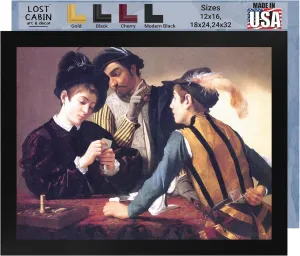 Lost Cabin Cardsharps by Caravaggio | Print in Black Flat Frame | Fine Artwork Painting Reproduction | Framed Wall Art Decor Poster Gift | Image: 12x16 Frame: 13.5x17.5