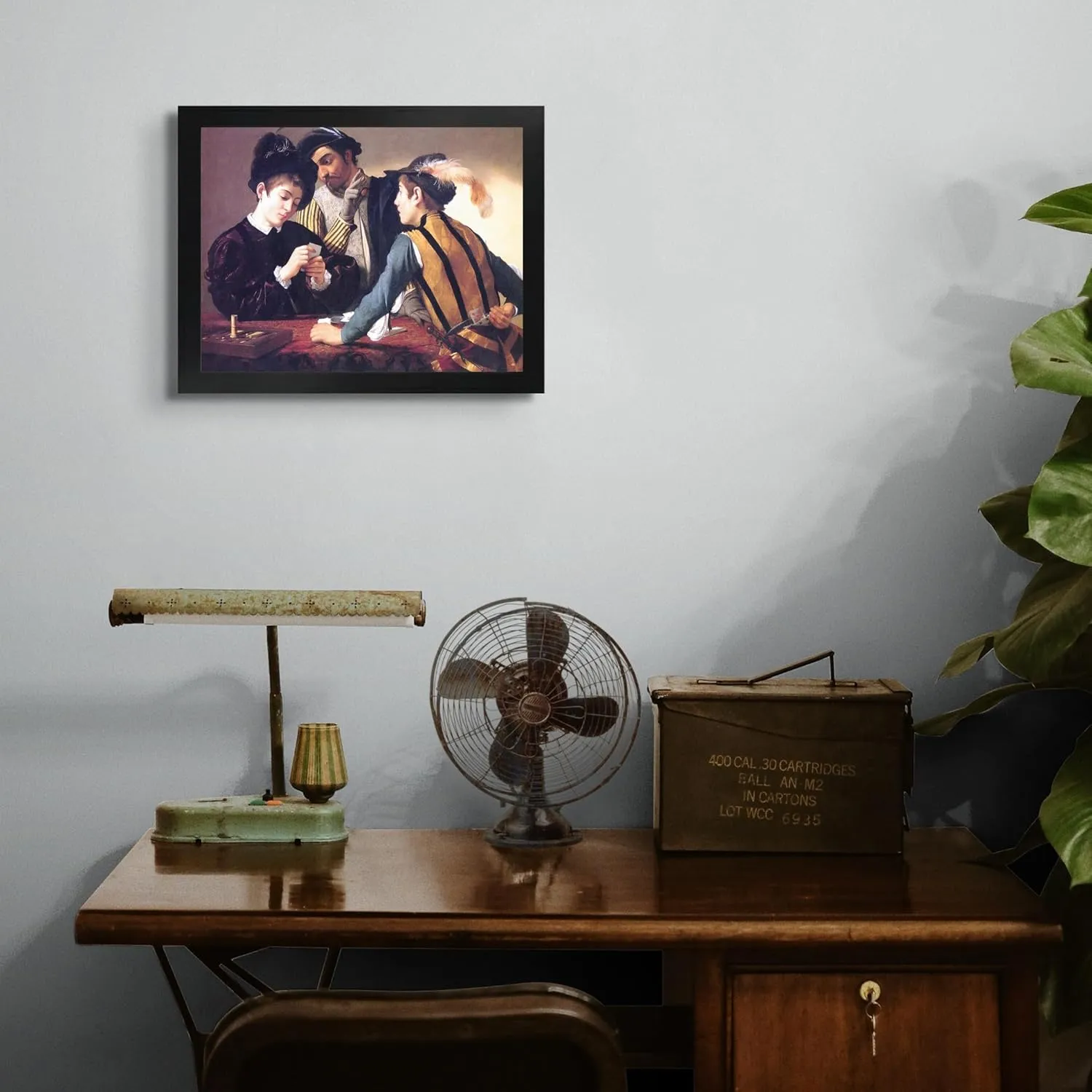 Lost Cabin Cardsharps by Caravaggio | Print in Black Flat Frame | Fine Artwork Painting Reproduction | Framed Wall Art Decor Poster Gift | Image: 12x16 Frame: 13.5x17.5
