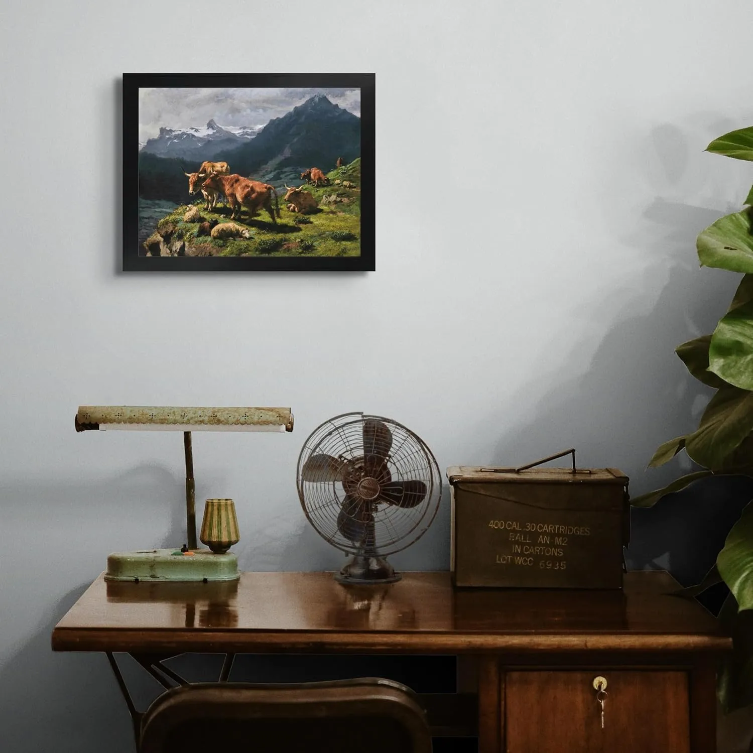 Lost Cabin Cattle & Sheep in an Alpine Landscape by Rosa Bonheur | Print in Black Flat Frame | Fine Artwork Painting Reproduction | Framed Wall Art Decor Poster Gift | Image: 12x16 Frame: 13.5x17.5